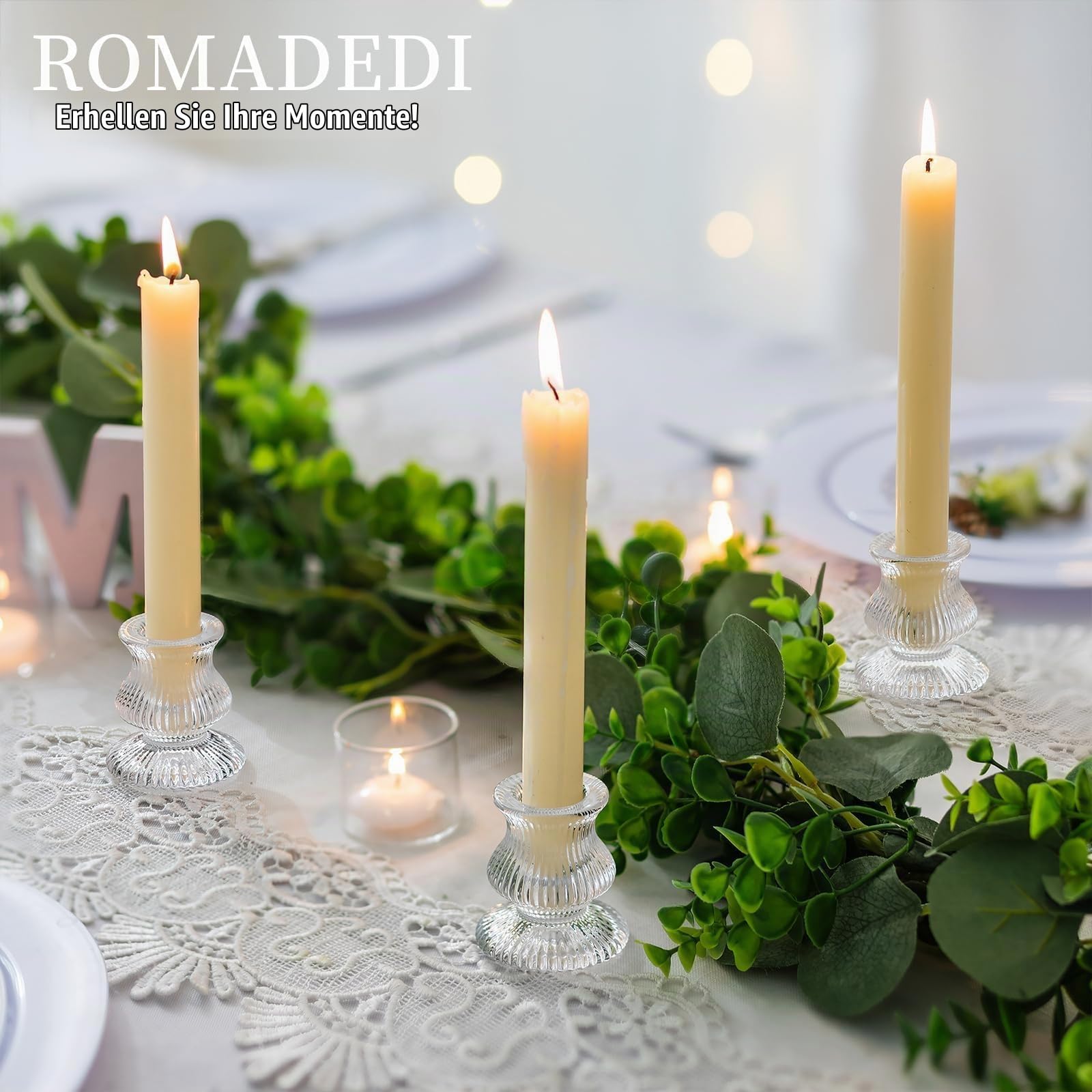 Romadedi Glas Kerzenständer für Stabkerzen, 20er-Pack, Klar | Geriffeltes Glas; Kleine Kerzenhalter; Für Hochzeit, Tischdeko, Advent, Weihnachten, Party und Wohnzimmer