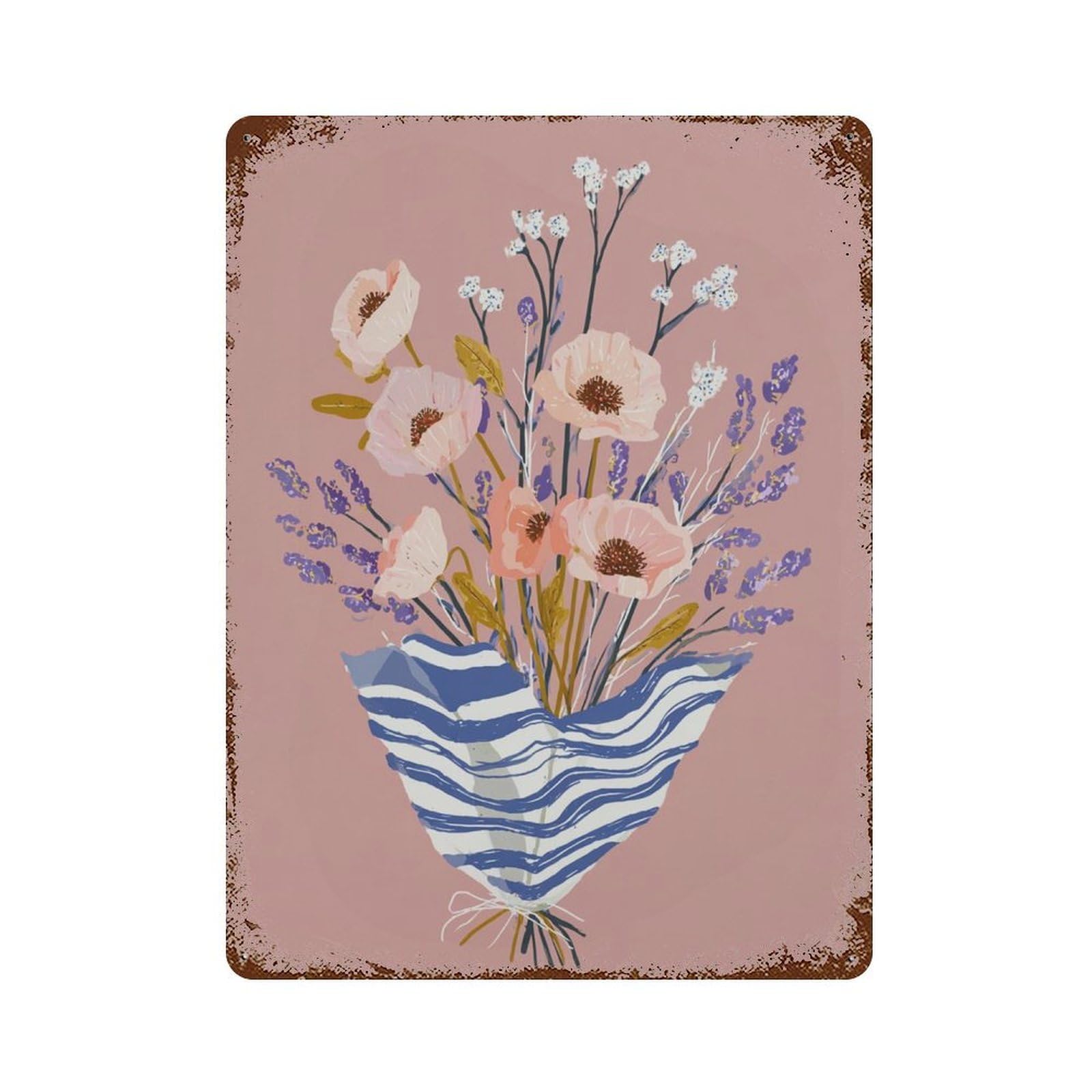 xiaoxiaoshen Modern Floral Bouquet Pink Flower with Blue Wrapping Contemporary Botanical Livi Wall Decor Art Metal Tin Poster Modern Home Decor Art Home Bar Shop Decorations Vintage Sign 40x30cm