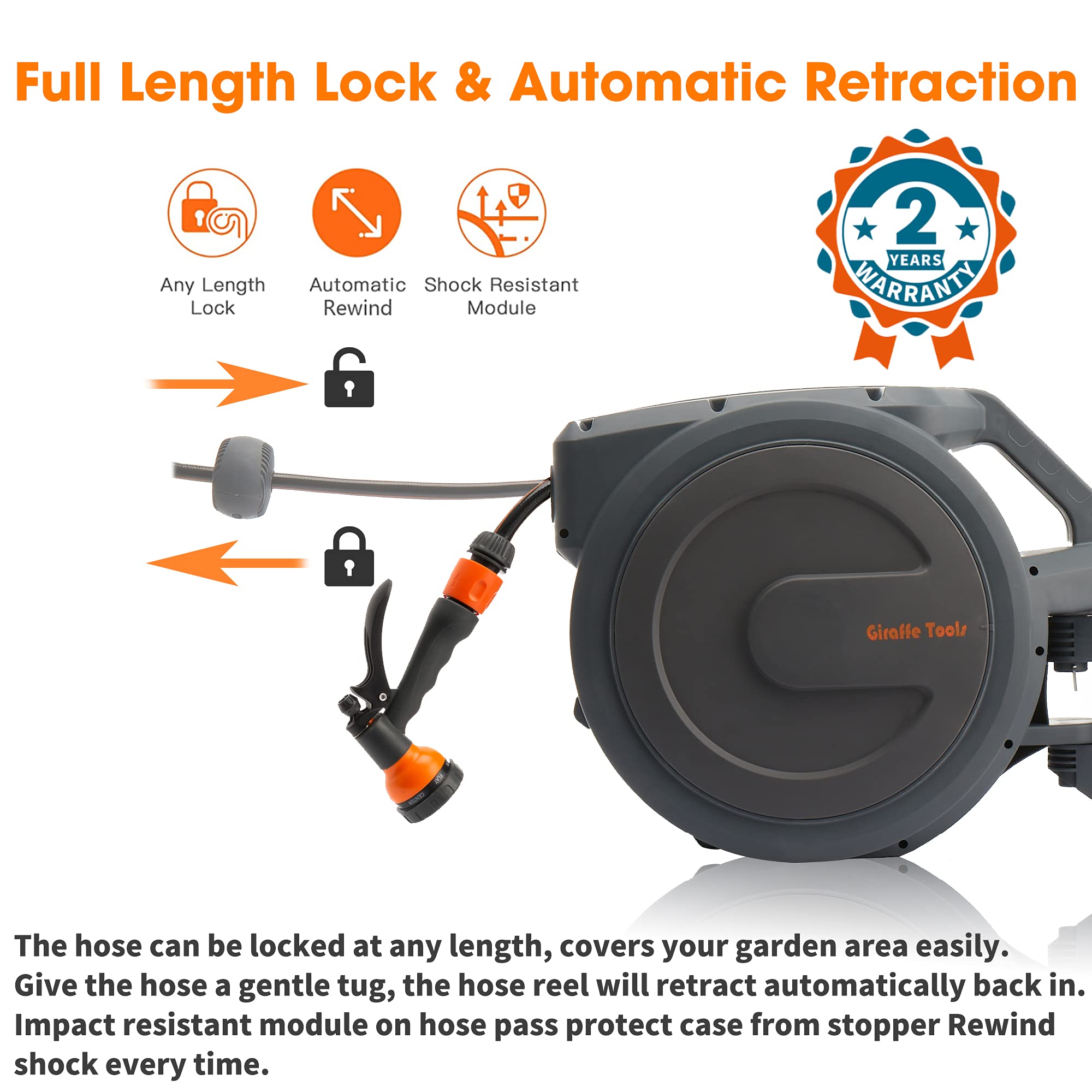 Giraffe Tools Retractable Hose Reel Wall Mounted, 35+2m Garden Hose