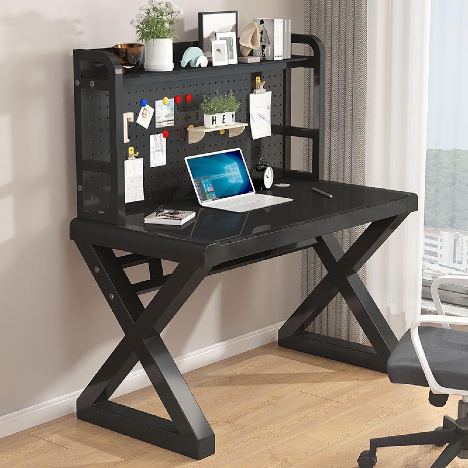ASerZenith Tempered Glass Computer Desk, Home Office Writing Workstation With Pegboard And Storage Shelves, Large Study Table,Black-100Cm