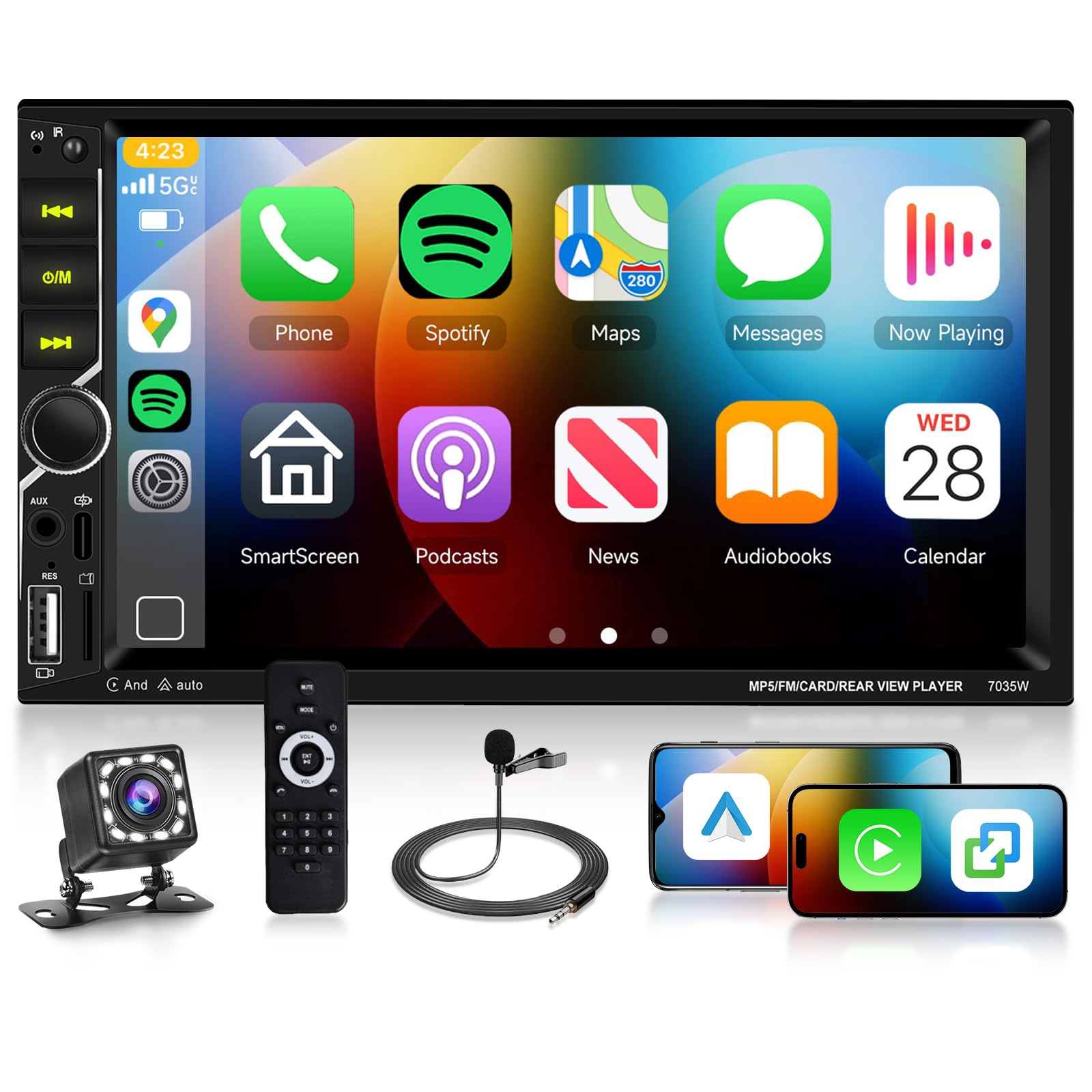 Hodozzy Autoradio 2 Din con CarPlay Wireless Android Auto, Stereo con Touchscreen 7 Pollici 2 Din Schermo con Bluetooth Vivavoce, Mirror Link, Universale Lettore MP5 Radio FM EQ USB/AUX, Retromarcia