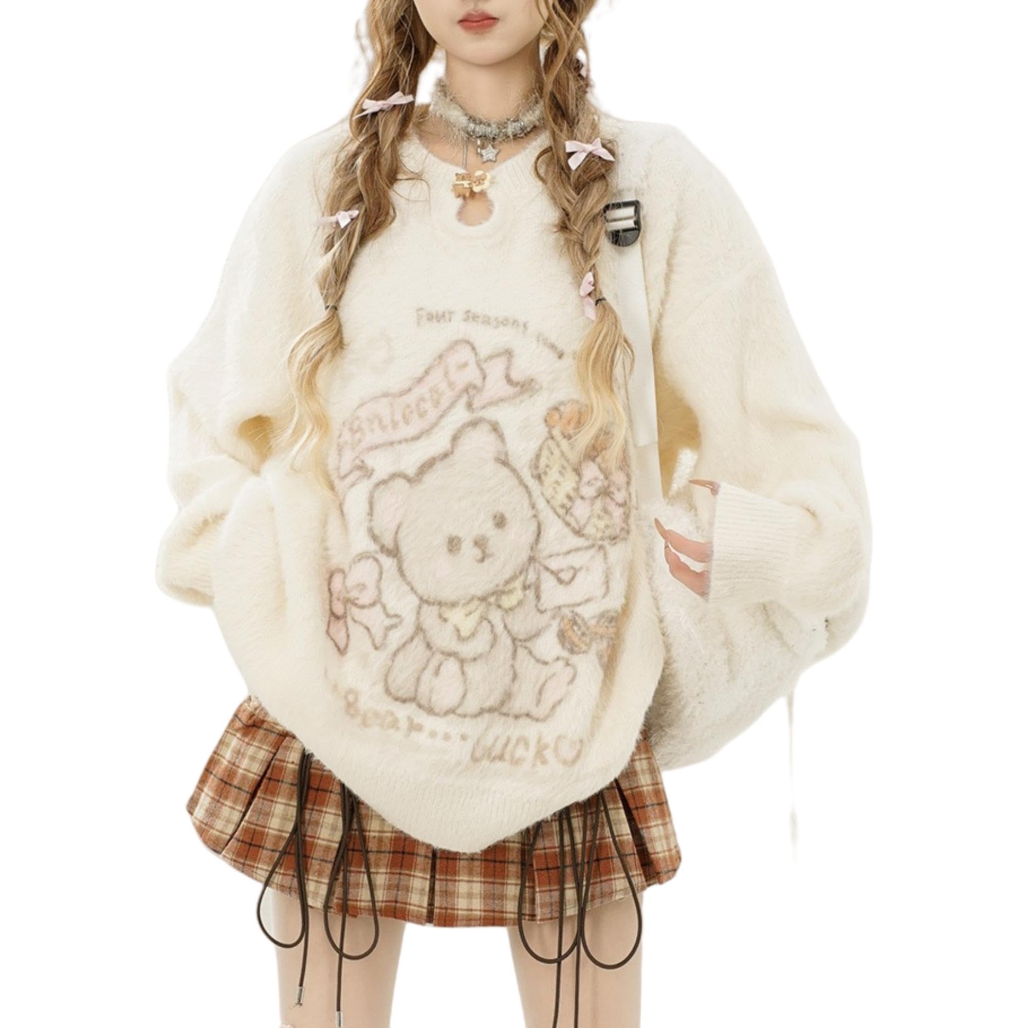 Kawaii Cartoon-Bär-Pullover für Damen, Winterkleidung, Y2K, lässig, lockere Passform, weich, flauschig, Strickpullover