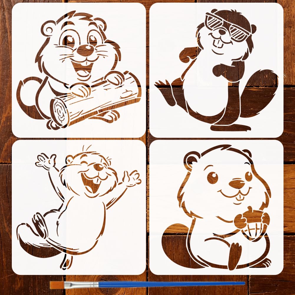 FINGERINSPIRE 4Pcs Beaver Stencils with a Brush 15x15cm 4 Styles Cartoon Beaver Painting Stencils Cheerful Beavers Stencil Animal Themes PET Template for Wood Floor Tile Wall Fabric Furniture DIY