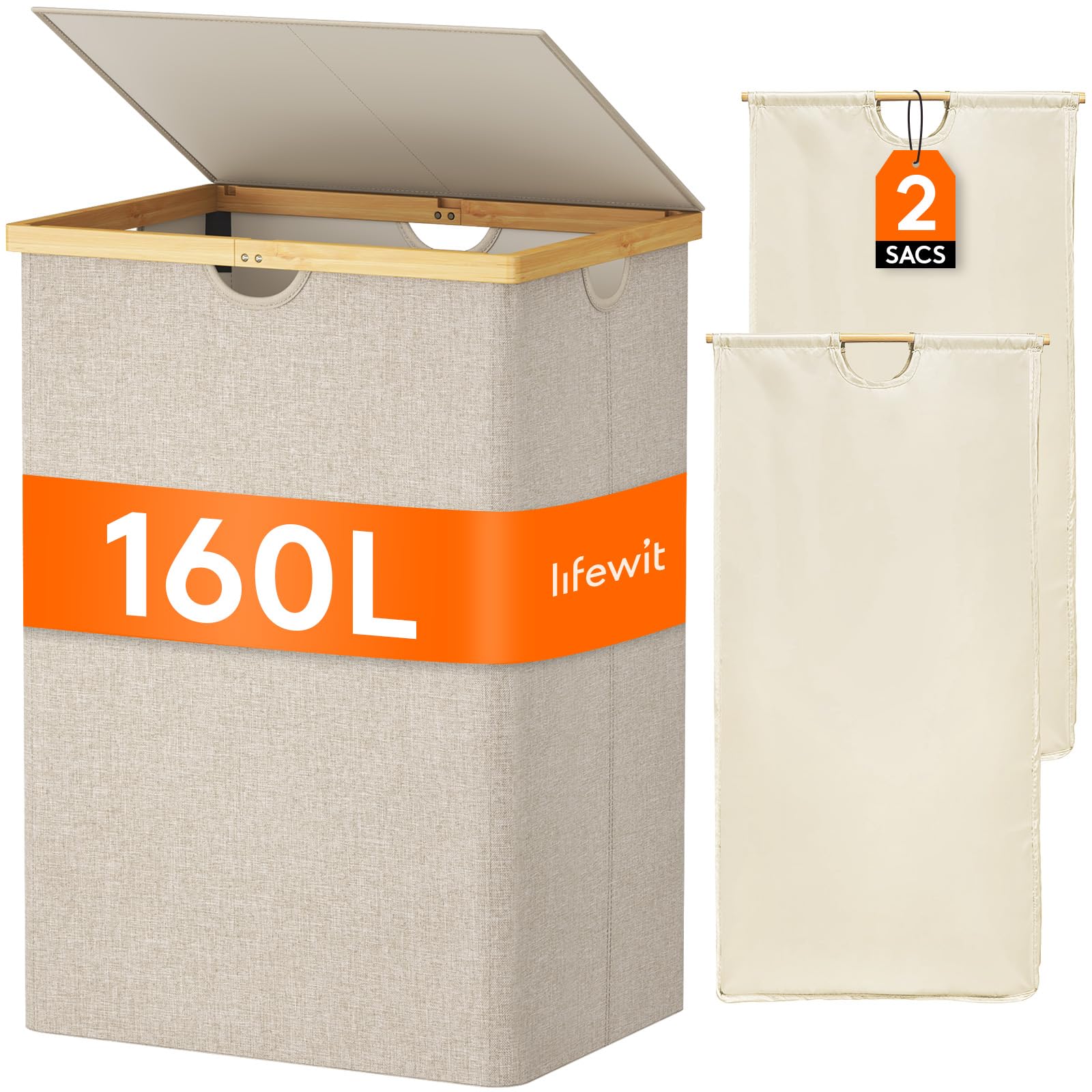 Lifewit Panier a Linge en Bambou, Corbeille a Linge Pliable avec Couvercle, Grand Bac a Linge avec Sacs Amovibles pour Chambre, Salle de Bain, Buanderie, 160 L, Beige