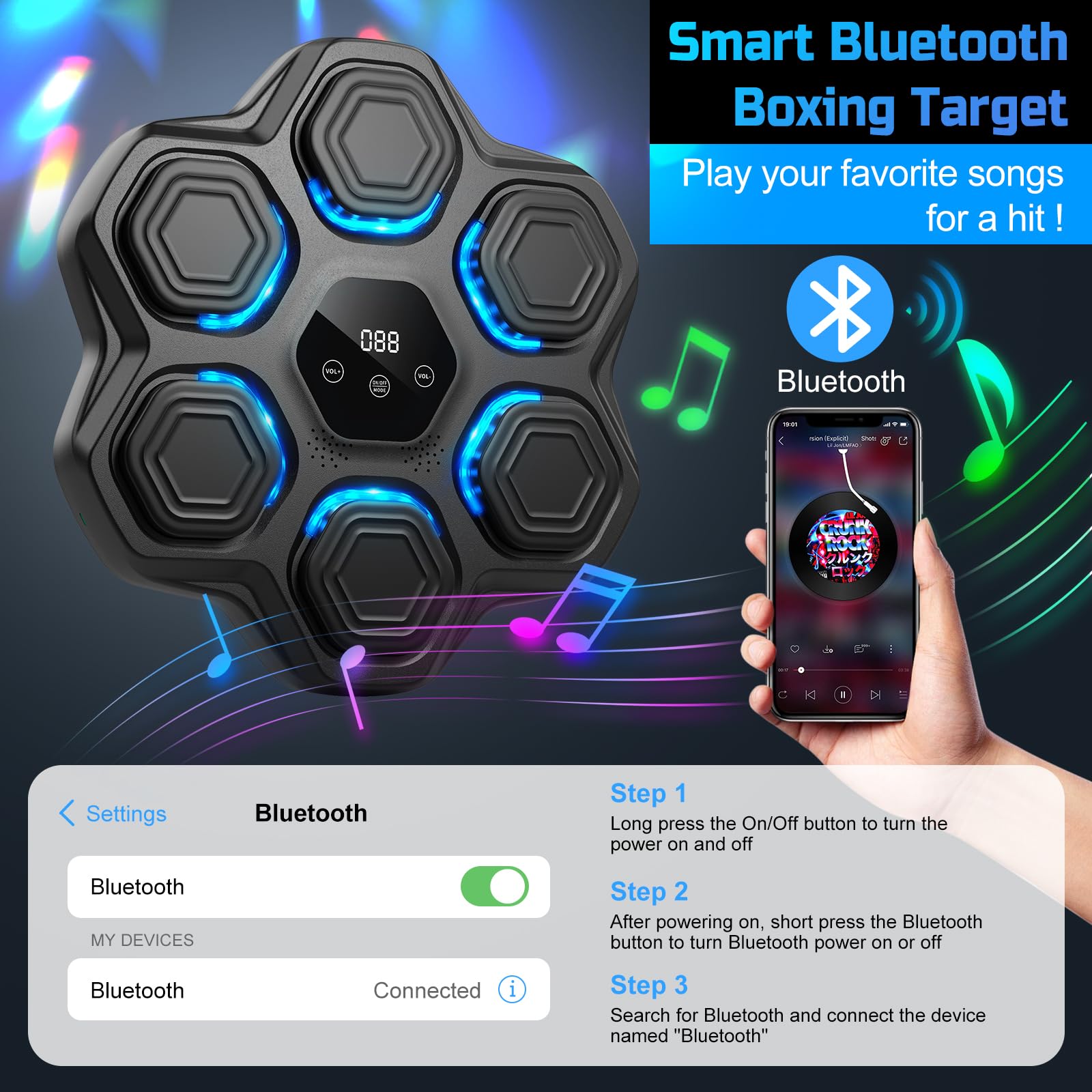 Macchina da Boxe Musicale, Beatpunch Macchina da Boxe Musicale montata a Parete con Luce LED e guantoni da Boxe, Attrezzatura da Boxe per Bambini/Adulti per l'allenamento del Bersaglio di Boxe