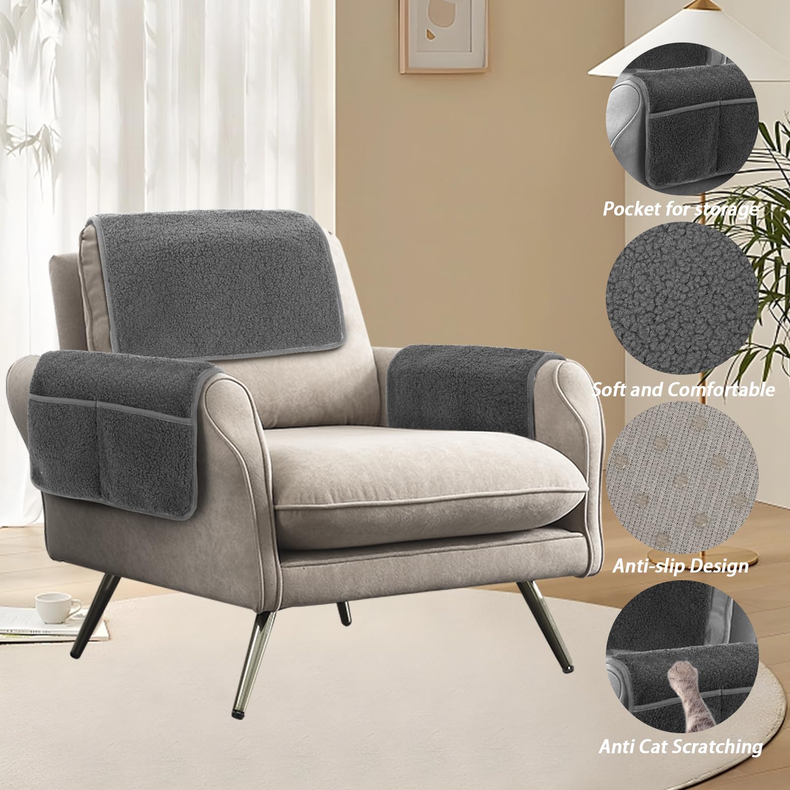 Niuoppy Armrest Cover, Headrest Cover for Recliner Sofa 3pcs Fleece Armchair Slipcover - Image 2