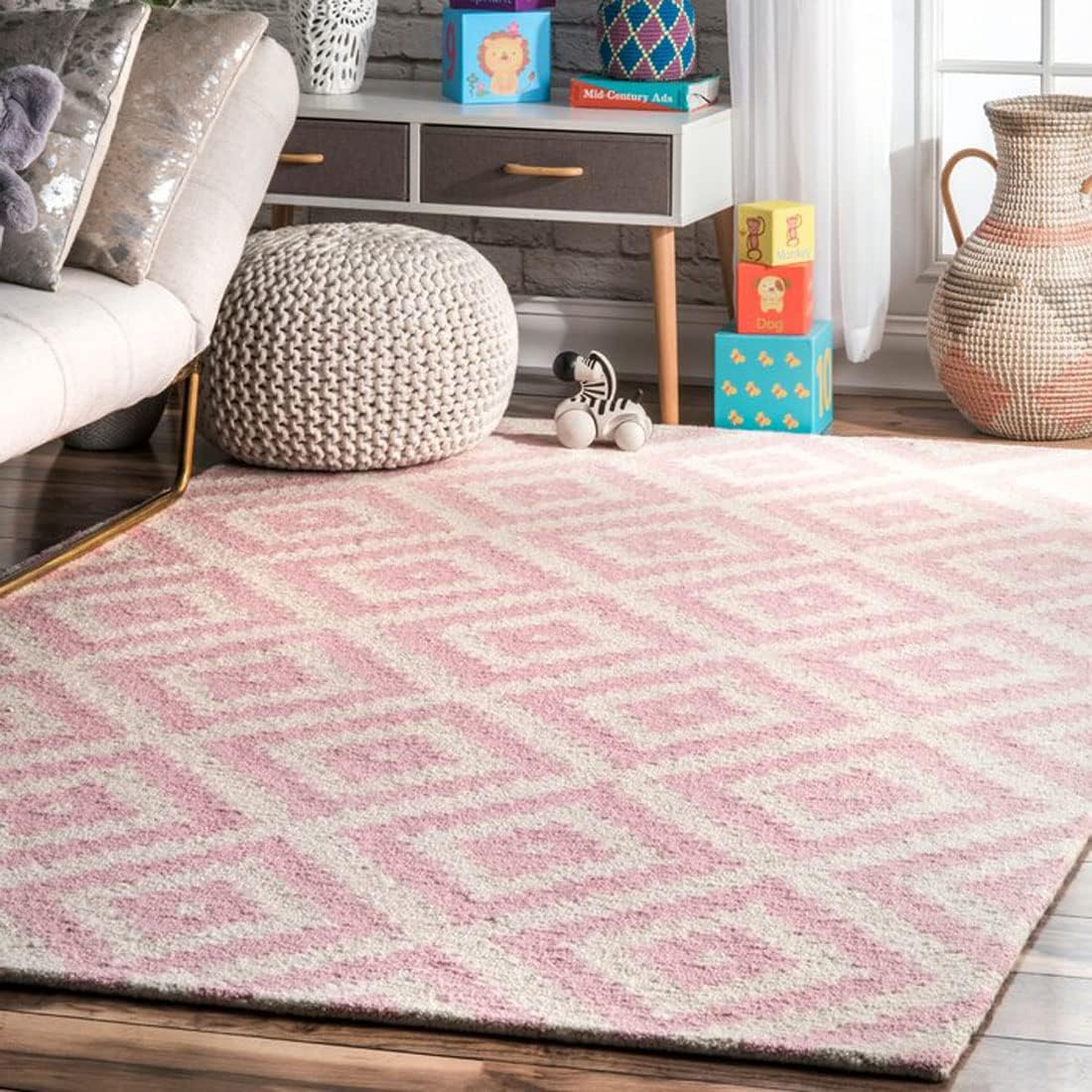 Hand-Tufted Rectangular Loop Pile Wool Area Rug with Anti Skid Backing, Non Shedding Durable Soft Floor Carpet for Living Room, Bedroom, Office & Home Decor (Pink & White, 5x7)