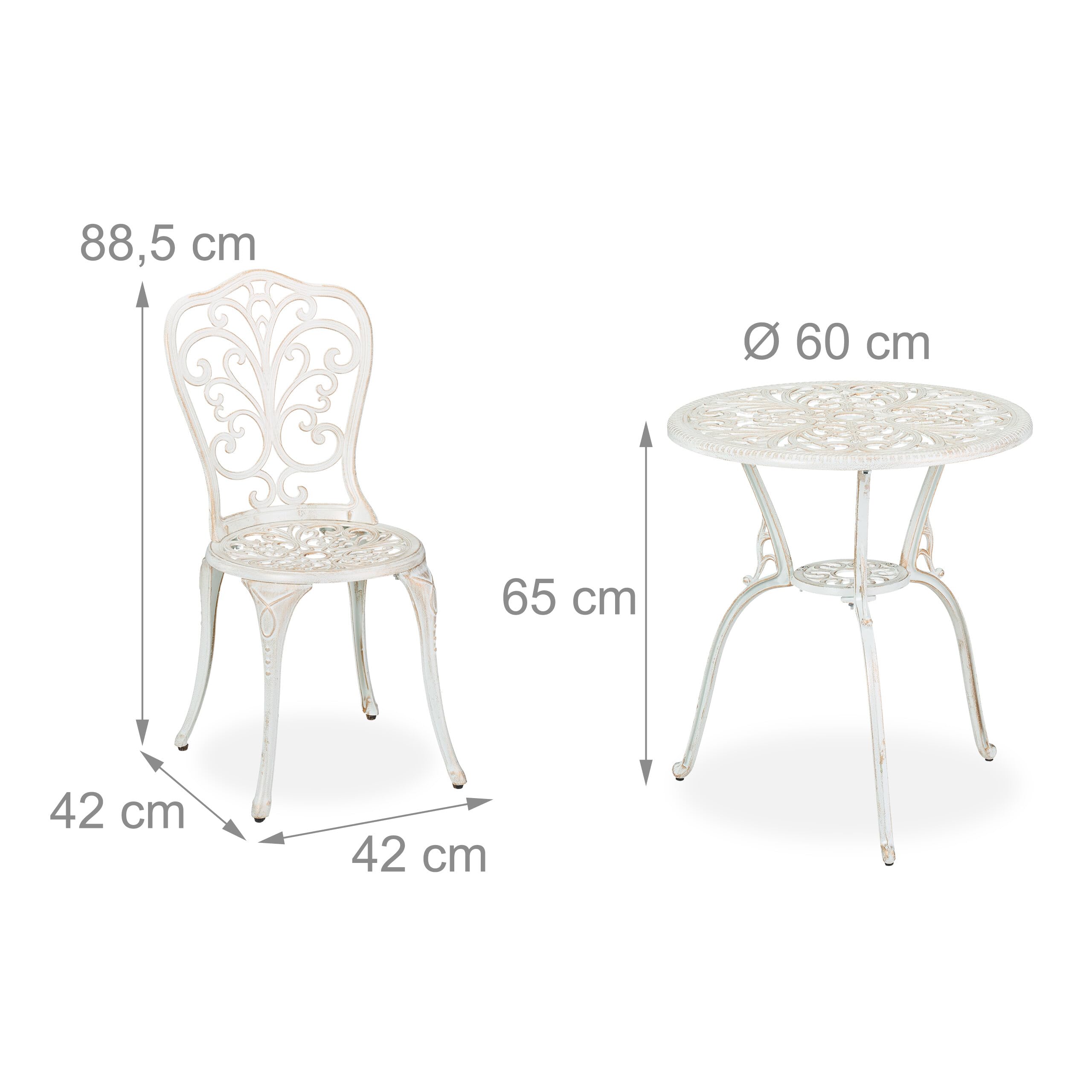 Relaxdays Salon de Jardin pour 2 Personnes, Table avec 2 chaises, Fonte d'aluminium, Design Rustique, Blanc et Bronze