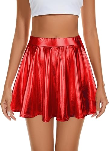 Century Star Falda metálica para mujer, para Halloween, color plateado, brillante, acampanada, cintura alta, minifalda plisada holográfica para mujer