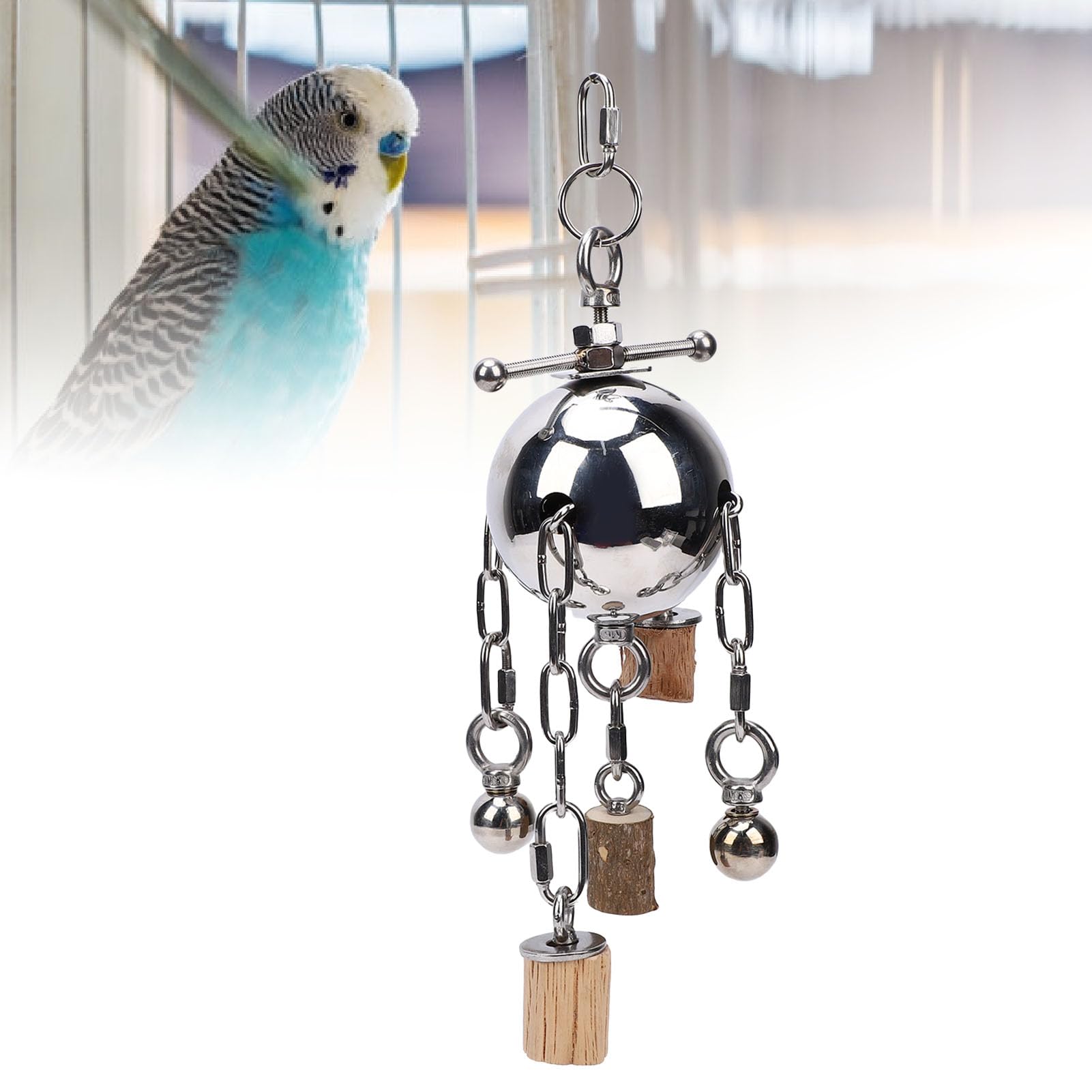 Jouet à Mâcher à Suspendre avec Cloche en Acier Inoxydable, Bois de Poivre du Sichuan pour Perroquets, Conure Grise d'Afrique, Calopsitte, Ara – Jouet d'enrichissement de Cage Durable pour