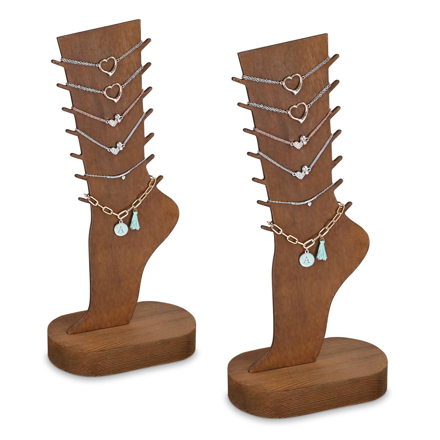 MOOCA 2 Pcs Set Two-Way Tabletop or Wall-Mountable Jewelry Display Natural Wood Foot-Shaped Bracelet Display, Anklets Display Storage, Wood Sturdy Base, Brown Color
