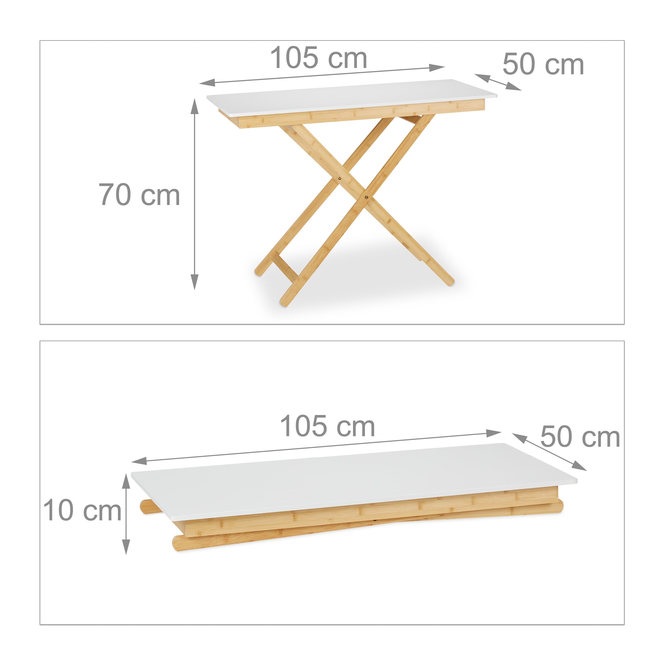 Relaxdays Tavolino Pieghevole da Cucina, Salotto o Balcone, Tavolo da caffè, bambù e MDF, HLP 70x105x50, Bianco Naturale