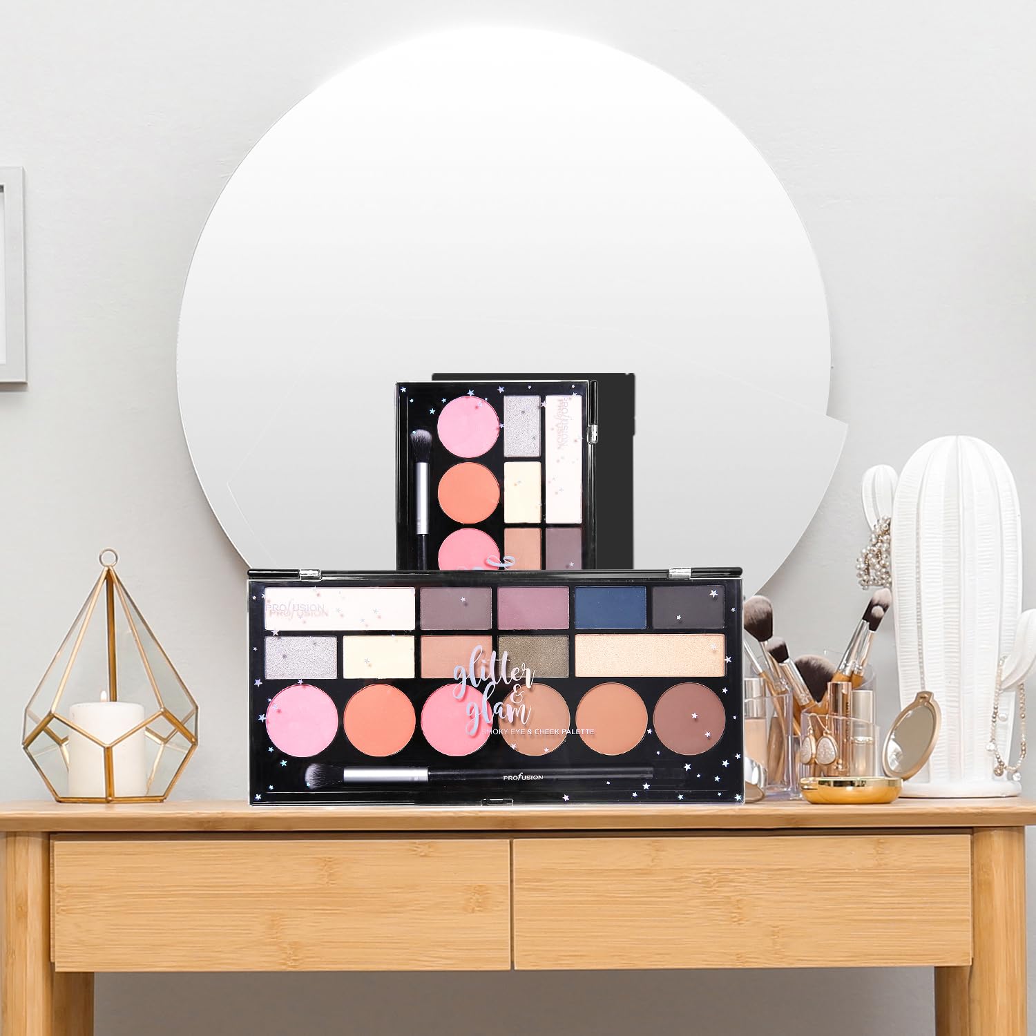 Profusion Cosmetics Glitter Glam Eye and Cheek Palette, 16 Vibrant Matte and Shimmer Shades for Stunning Color, Includes 1 Pro Makeup Brush