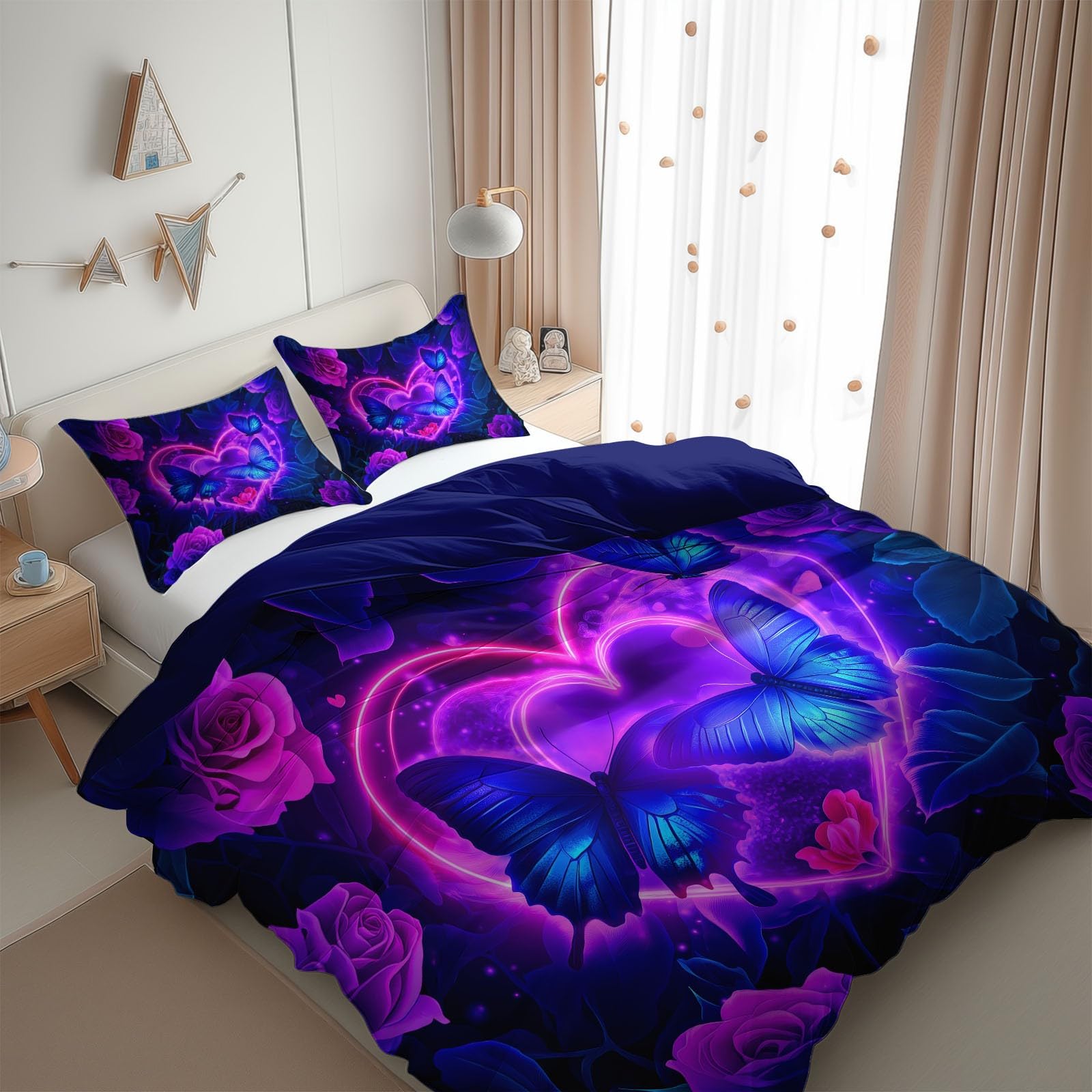 Zestaw pościeli King Size Fantasy Rose Butterfly poszewka na kołdrę, niebiesko-fioletowa poszewka na kołdrę dla dzieci nastolatków chłopców dziewcząt i mężczyzn, nowoczesna dekoracja sypialni (3 szt.)