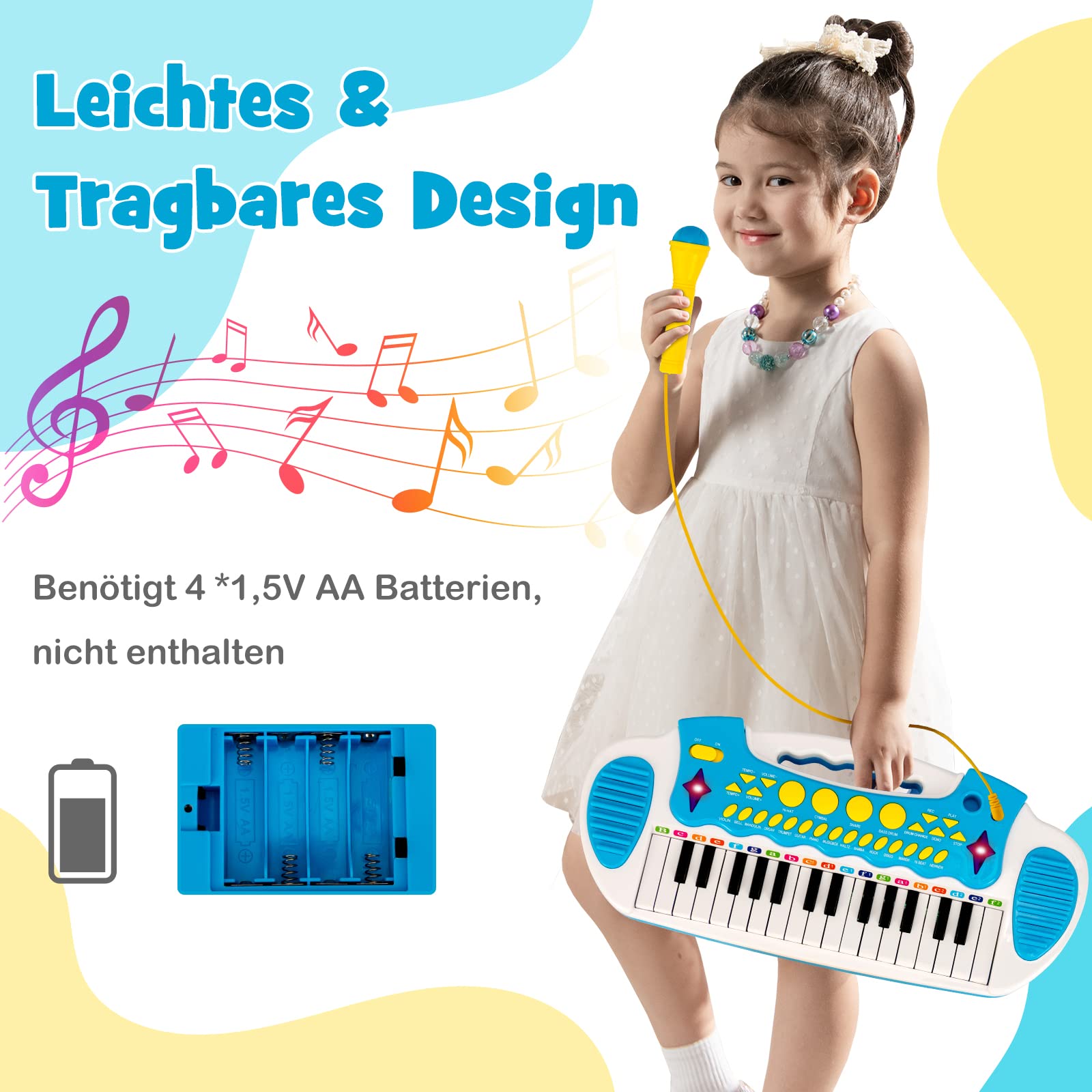 COSTWAY Kinder-Keyboard mit 31 Tasten, tragbares Musikinstrument mit Mehreren Sounds & Lichteffekten, verstellbarem Mikrofon & Hocker, niedliches Spielzeug-Klavier für Kinder ab 3 Jahren (Blau)