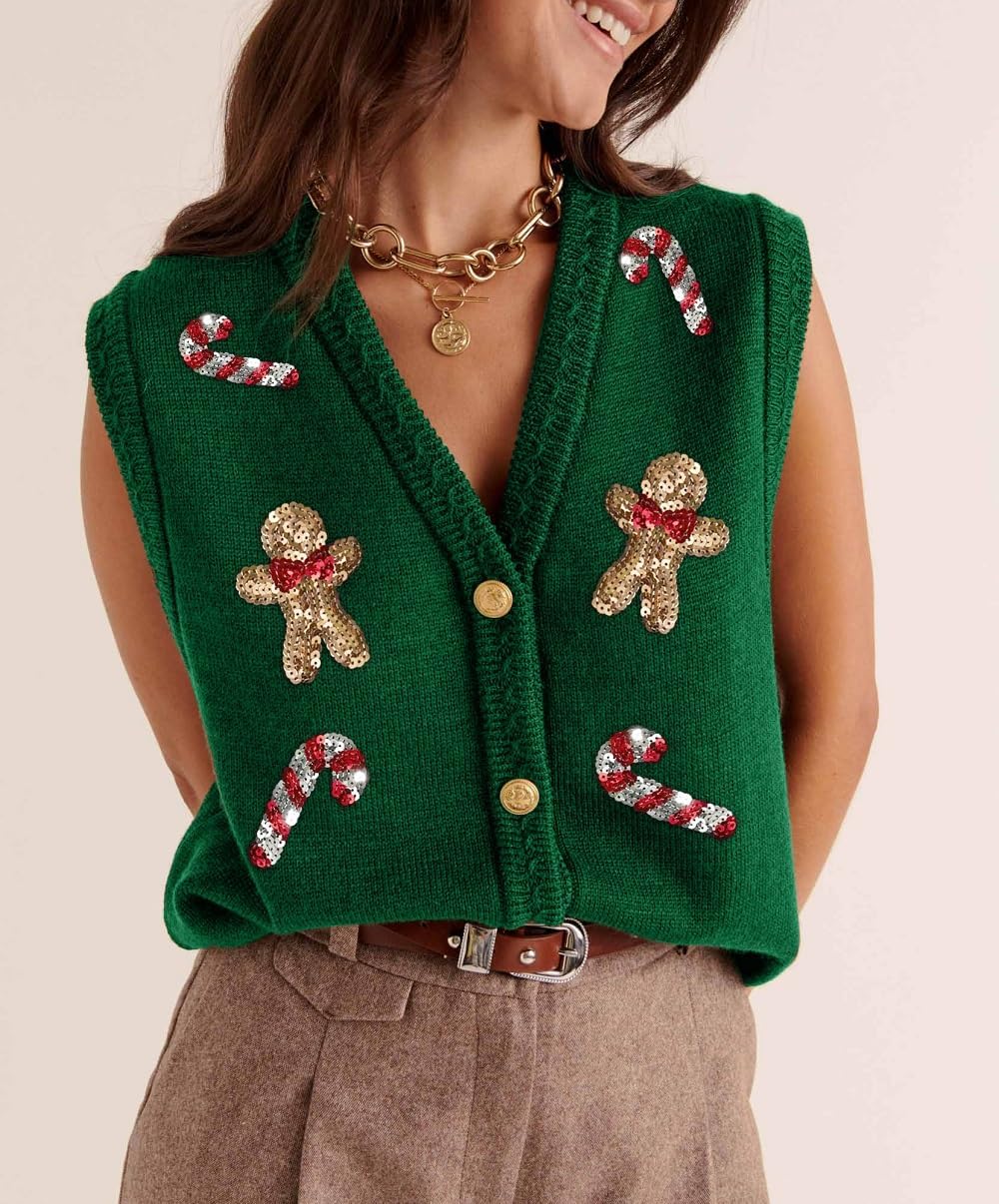 Women Christmas Knit Vest Button Down V Neck Sweater Vest Sequin Embroidered Sleeveless Cardigan Xmas Clothes - Image 3
