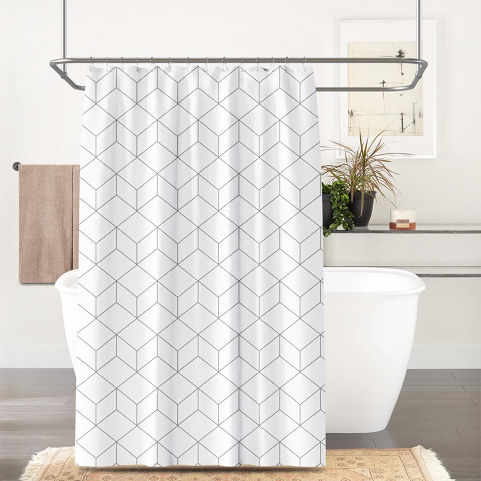 Tenda Doccia 180 x 180, Poliestere Bianco Modello a quadri cubico Tenda vasca da bagno, lavabile, asciugatrice rapida