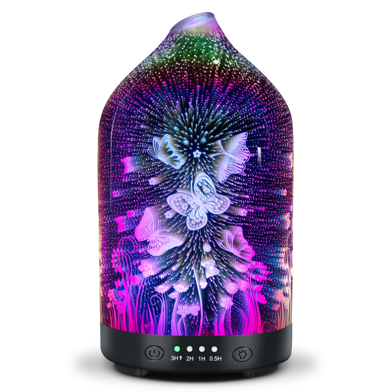 EQUSUPRO Aromatherapy Essential Oil Diffuser - 3D Glass 120ml Aroma Cool Mist Scent Oil Diffuser, Auto Shut-Off, 4 Timer Setting &7 Colors Night Light for Home Decor & Gift (3D Butterfly)