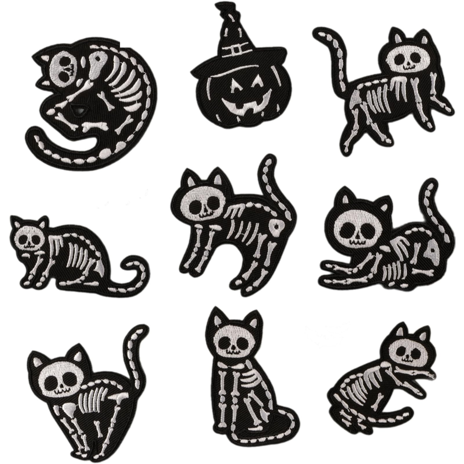 Xjdzineq 9 Pcs Embroidered Patches Skull Cats Iron on Pumpkin Repair Sewing on Applique for Backpacks