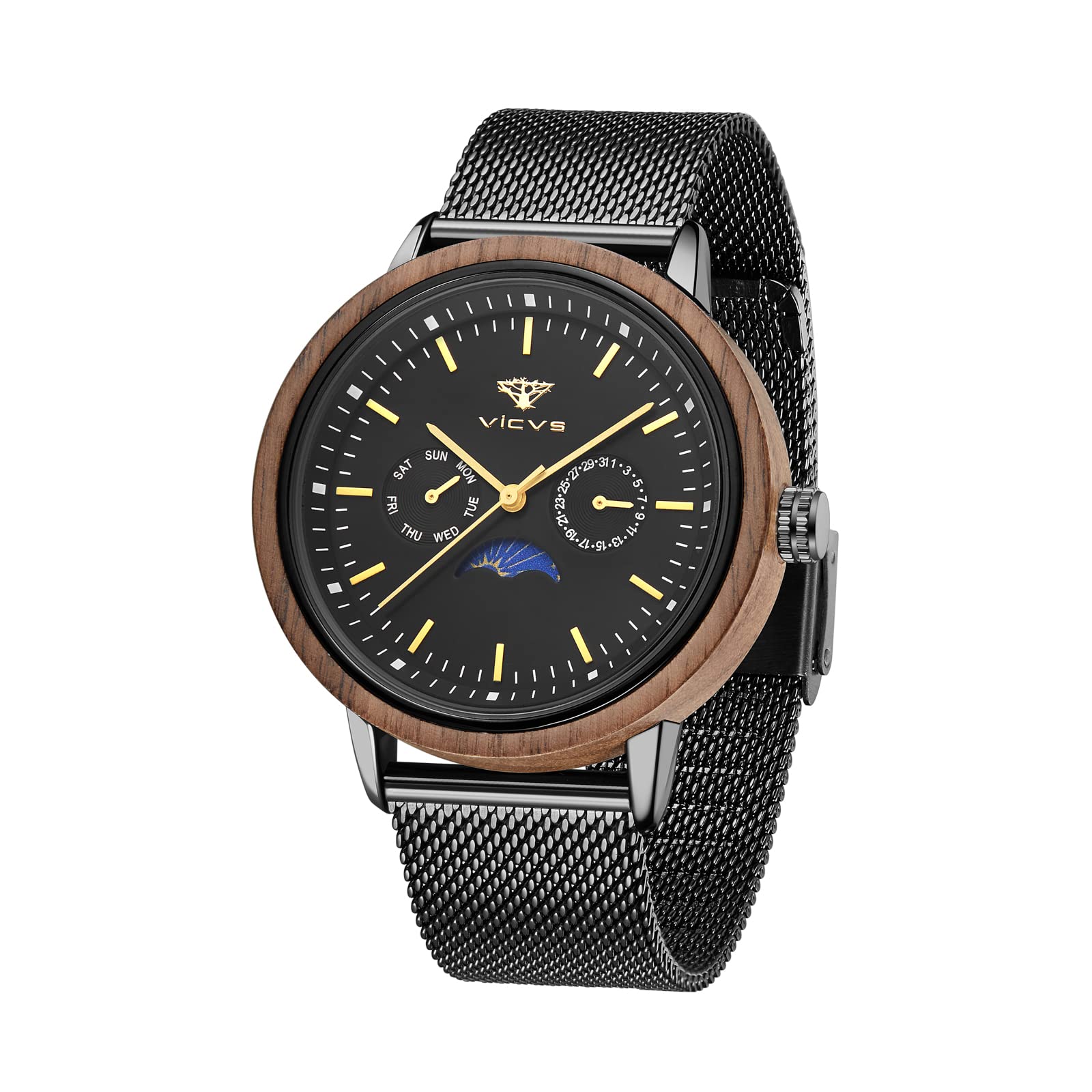 Orologio in Legno e Acciaio Inossidabile da Uomo - Con Data e Fase Lunare, Stile Casual e Sportivo