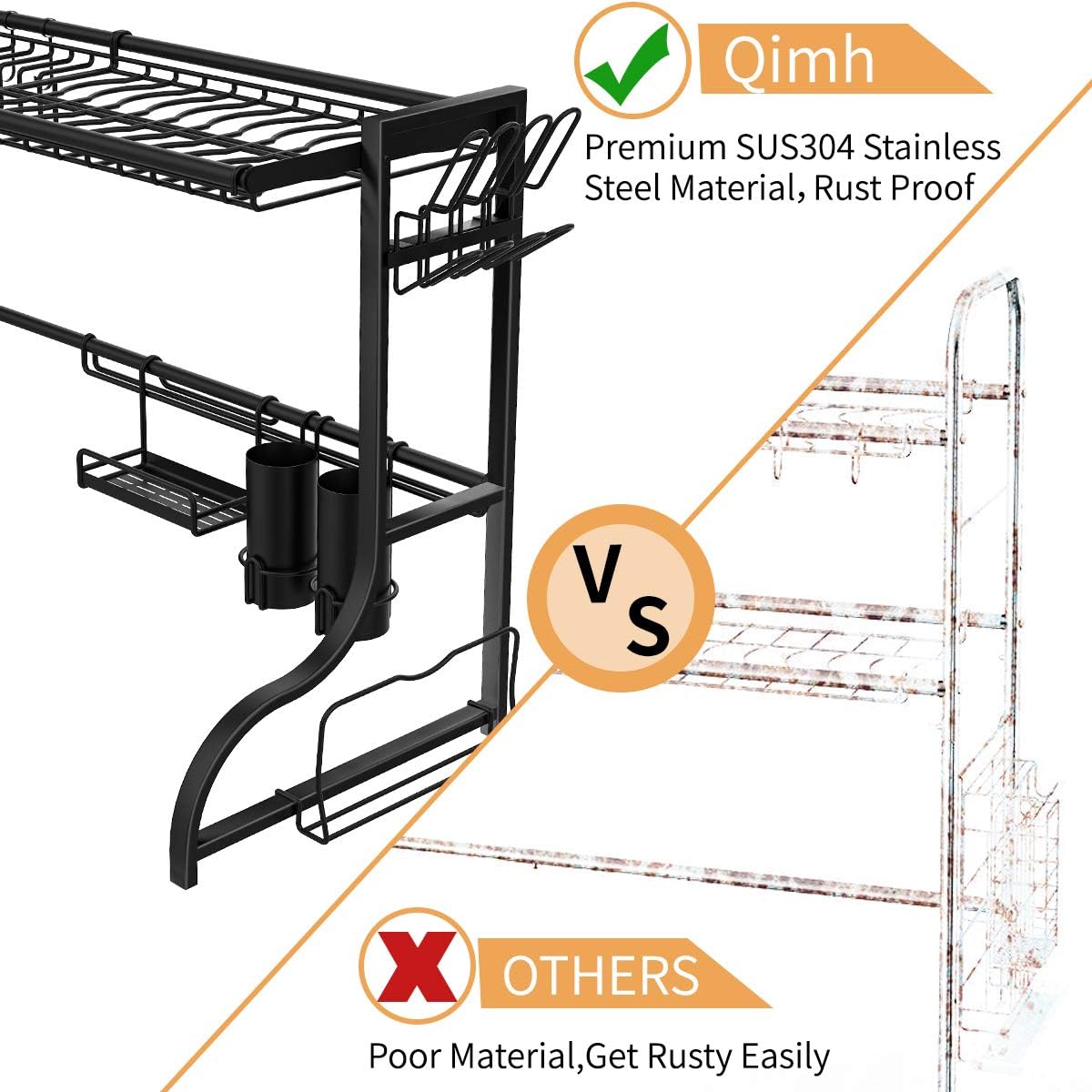 QiMH Adjustable Over The Sink Dish Drying Rack for Kitchen Organize Storage Space Saver Shelf Holder with Utility Hooks,304 Stainless Steel Large Dishes Drainer