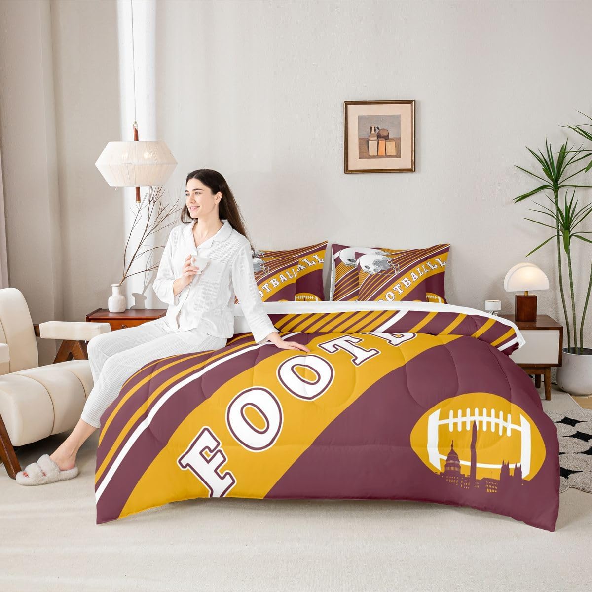 Erosebridal Gridiron Comforter Set King Size Bed in A Bag, 7Pcs Rugby Sports Bedding Set with Sheets, 1 Comforter + Flat Sheet + Fitted Sheet + 2 Pillowcases + 2 Throw Pillow Covers