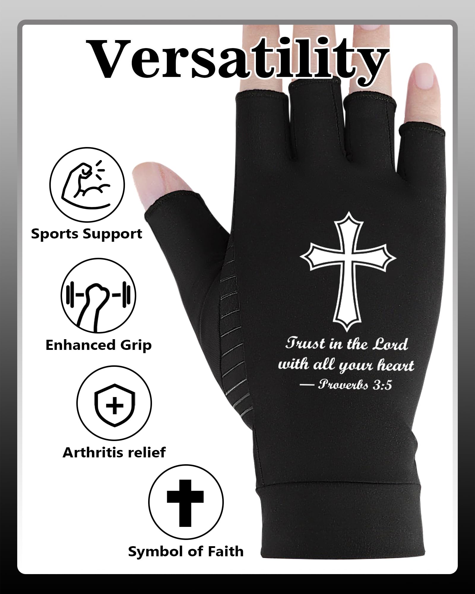 Guantes de compresión de cobre cruzado (2 pares) – Alivio de la artritis, entrenamiento y apoyo a escritura, regalo de bendición cristiana para esposa, marido, papá, mamá y amigos, Negro
