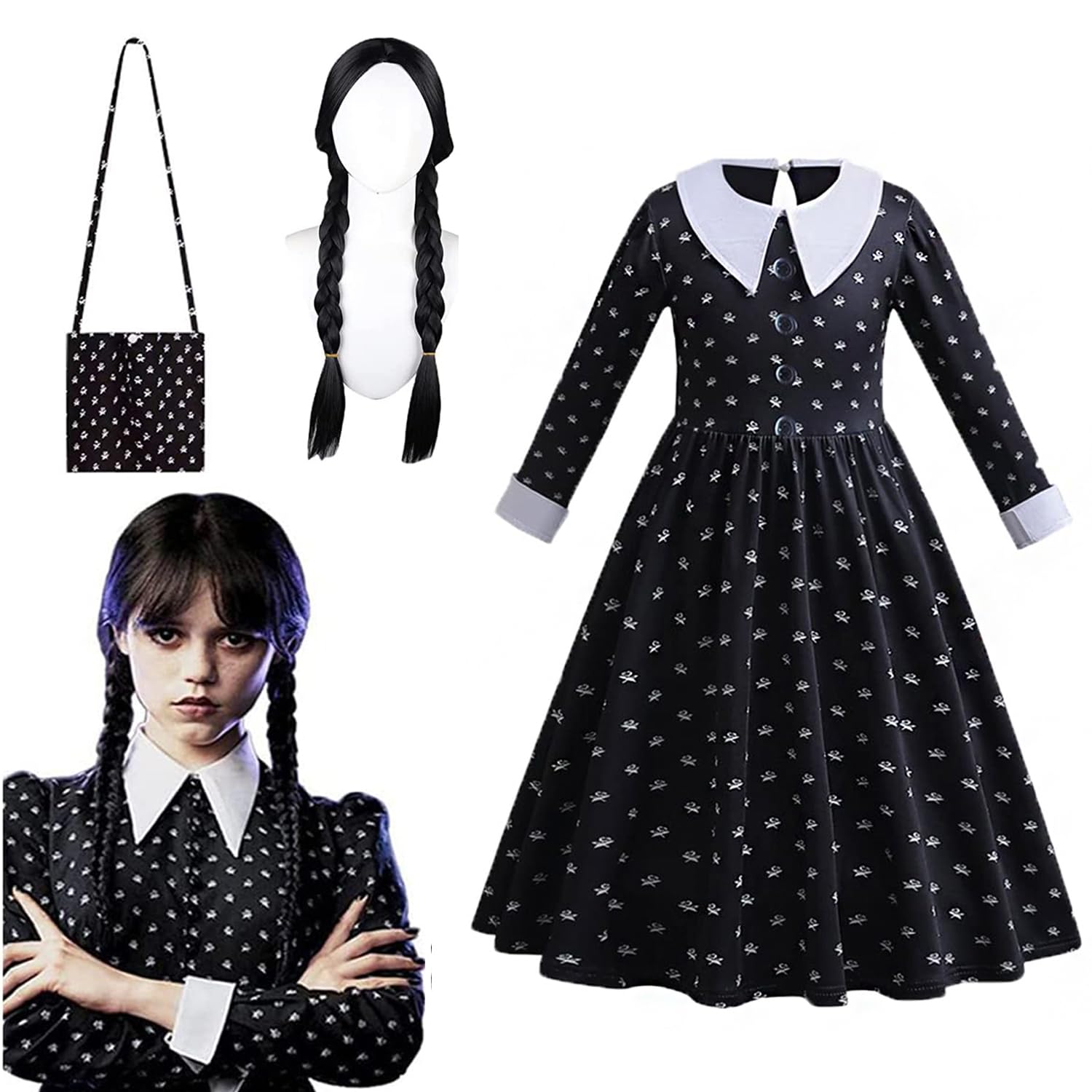 Hcosmy Kid Wednesday Addams Dress,Black Floral Princess Dress for Girl Cosplay Addams Costume Halloween Party Outfit with Wig,Bag (Floral dress,150)