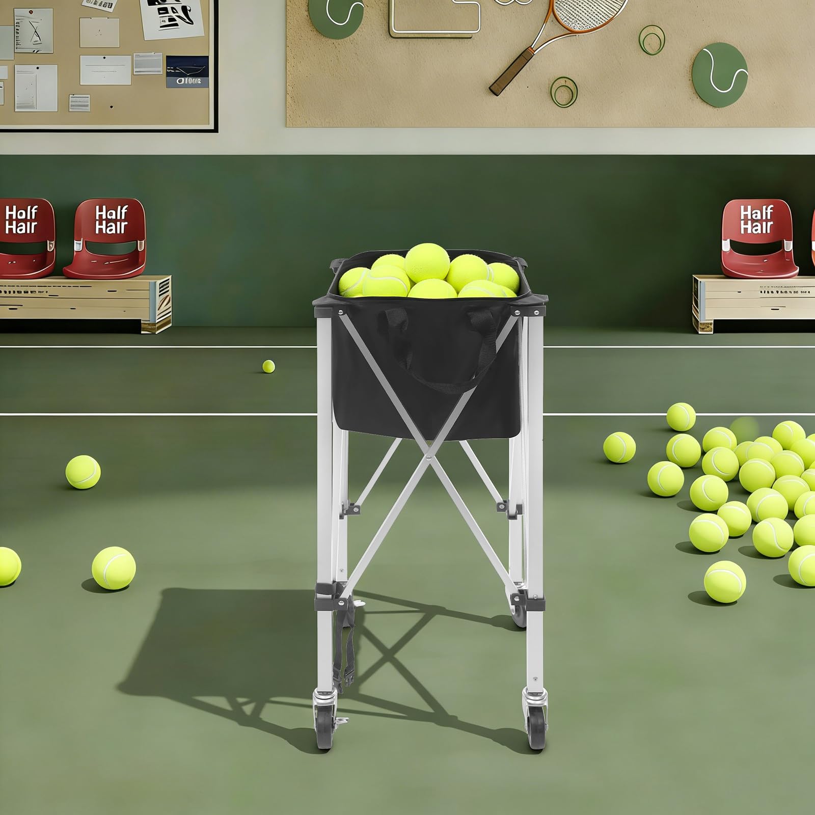 Tennisballwagen klappbar,fasst 160 Tennisbälle,Leichter Tennisballkorb mit Rädern, 40*40*90cm,Tragbarer Ballwagen aus Oxford-Stoff und Aluminium, bis 20 kg Belastbar abnehmbare Tasche, Tragetasche