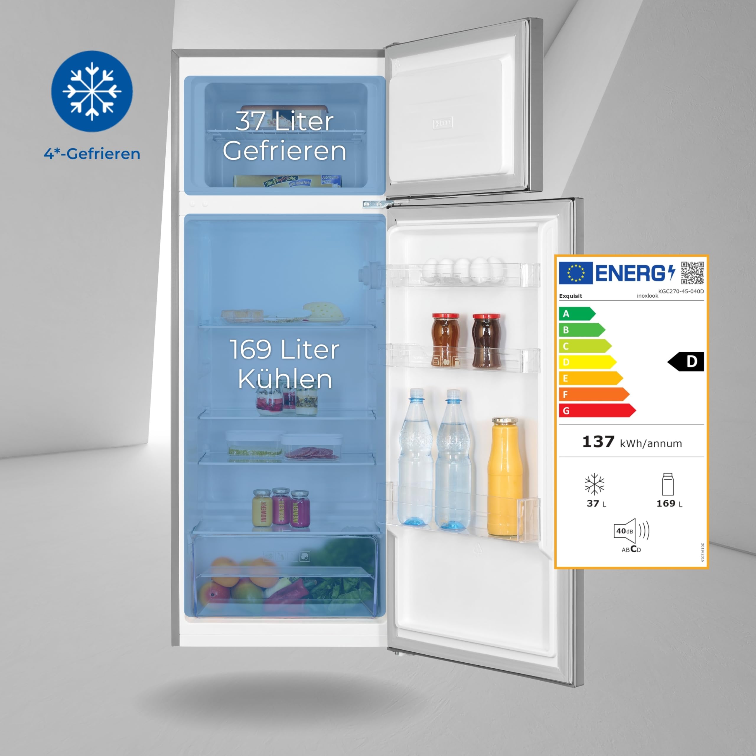 Exquisit KGC270-45-040D Kühlschrank mit Gefrierfach - 45 cm Inoxlook | Freistehende Kühlgefrierkombination mit 206 Liter - 4-Sterne-Gefrierfach - schmales Standgerät - Glasablagen - Silber