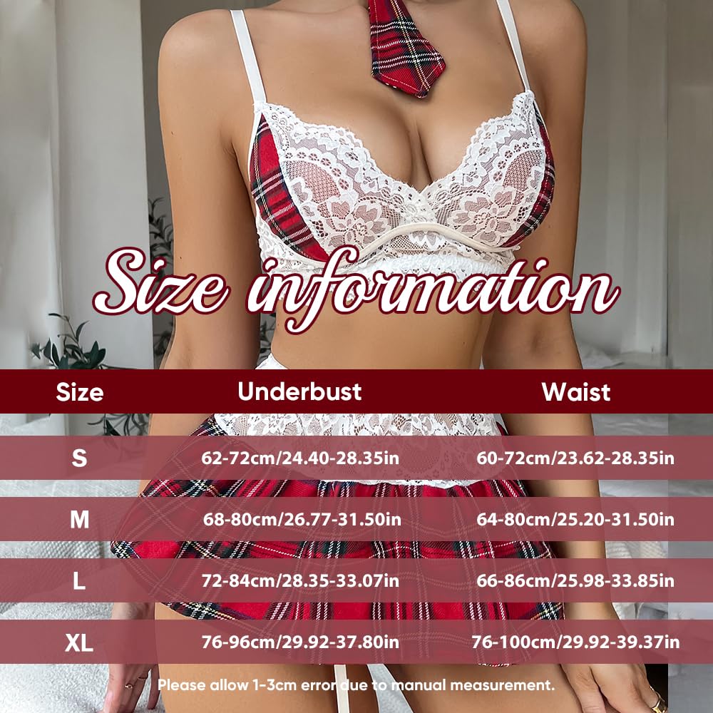 Ensemble de Lingerie Femme 5 Pièces en Dentelle avec Soutien-Gorge et Jupe Plissée de Lingerie Plaid Jupe Costume Nuisette Lingerie Rôle sous-Vêtements