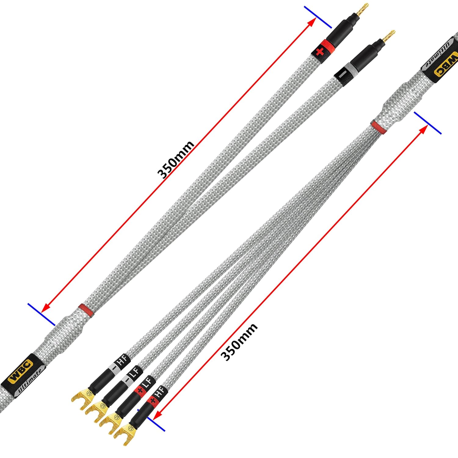 WORLDS BEST CABLES 3 Foot Ultimate - 9 AWG - Ultra-Pure OFC - Premium Audiophile HiFi Bi-Wire Speaker Cable for Center Channel - Eminence Gold Banana (x2) & Spade (x4) Plugs & Silver Tweed Jacket