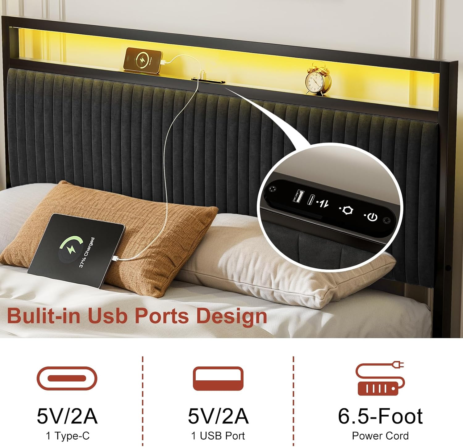 ROLETALENT Full Size Upholstered Velvet Platform Bed Frame with Storage Drawers, Built-in USB Charging Station & LED Light Strip, Sturdy Metal Frame with Headboard - No Box Spring Required,Black
