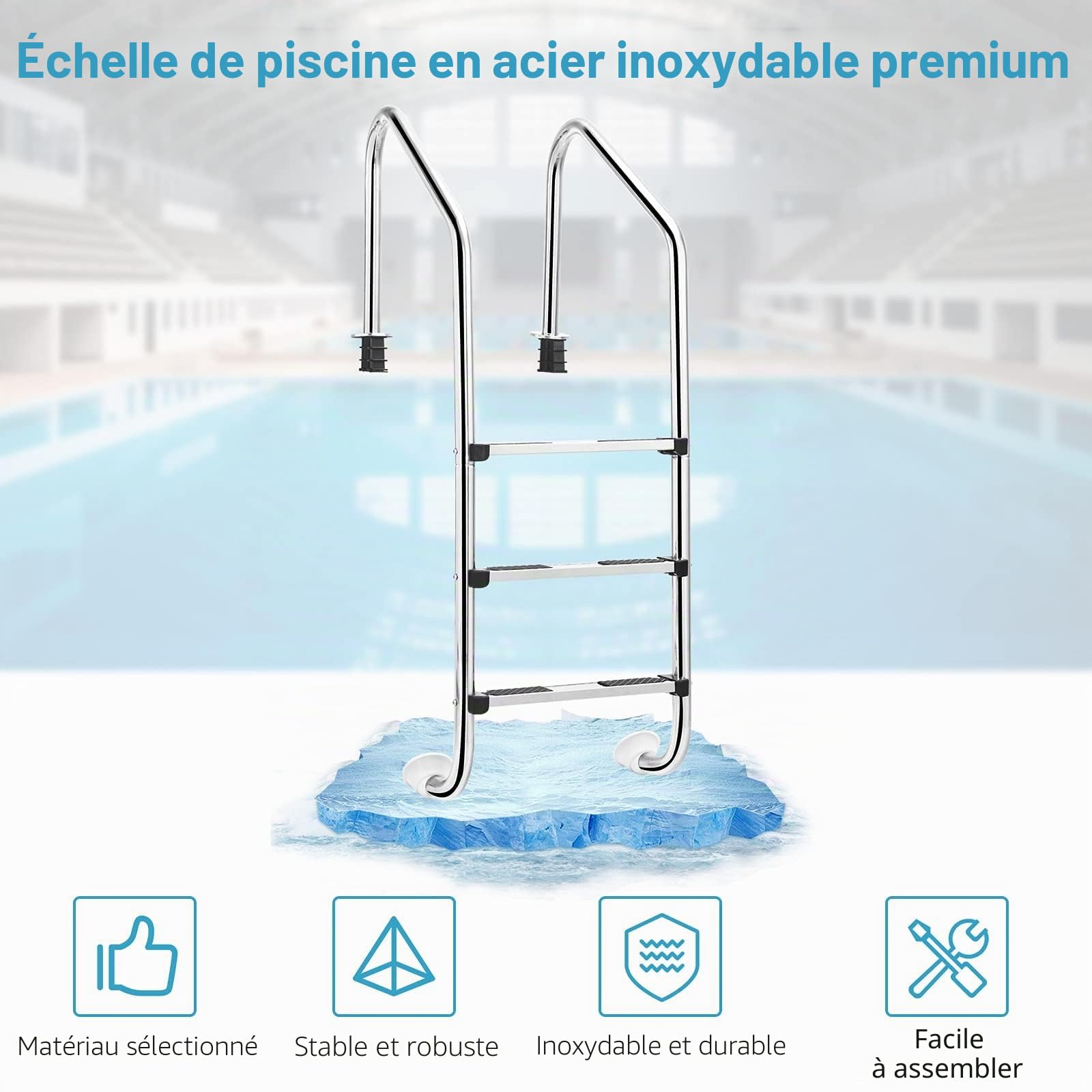 FANTASK Échelle de Piscine à 3 marches en Acier Inoxydable - Charge maximale : 150 kg - Échelle d'entrée argentée - 53 x 63 x 147 cm