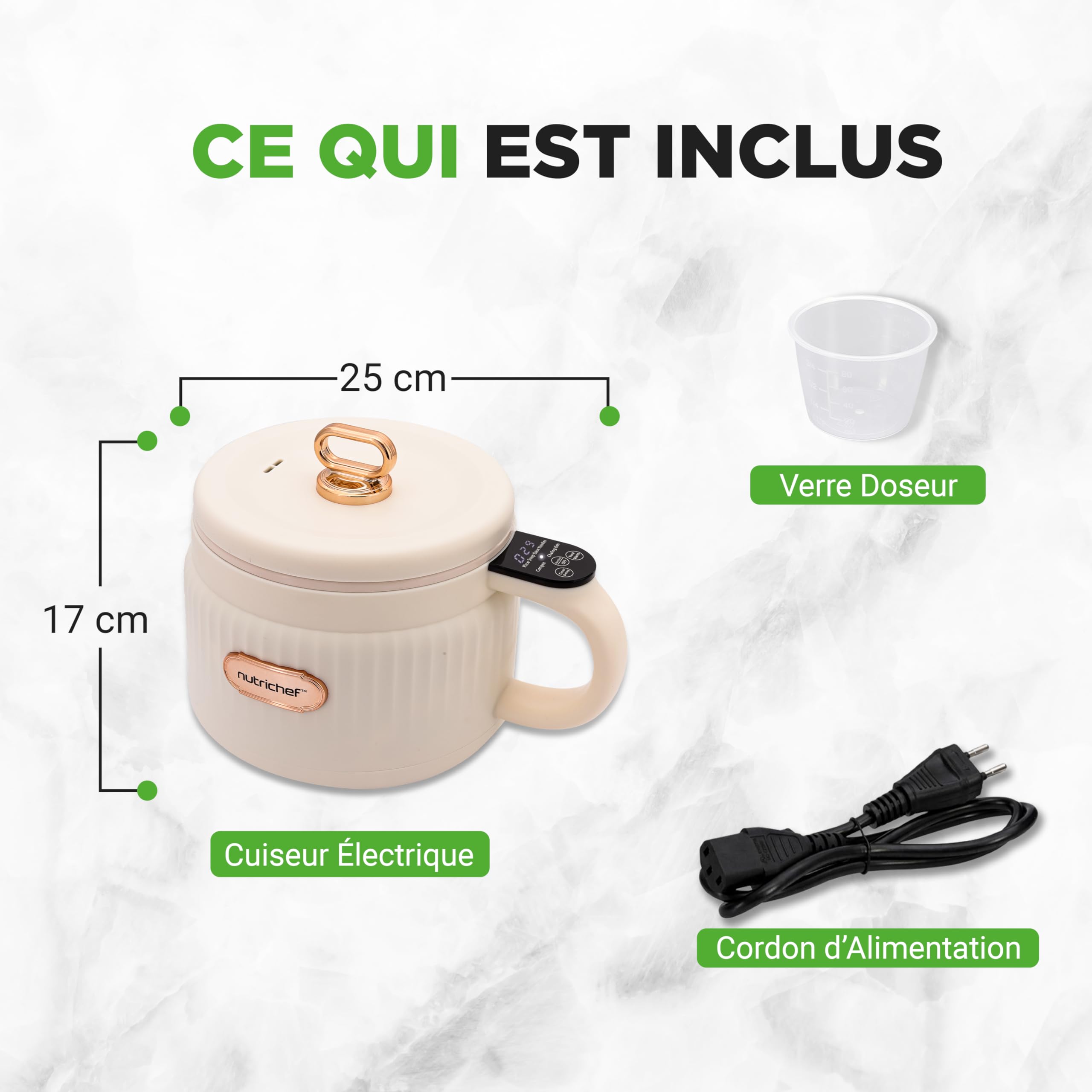 NutriChef Cuiseur à Riz Électrique Portable 1,5 L (6 Tasses) – Multicuiseur à Revêtement Céramique, Écran Numérique et 6 Programmes, Blanc.