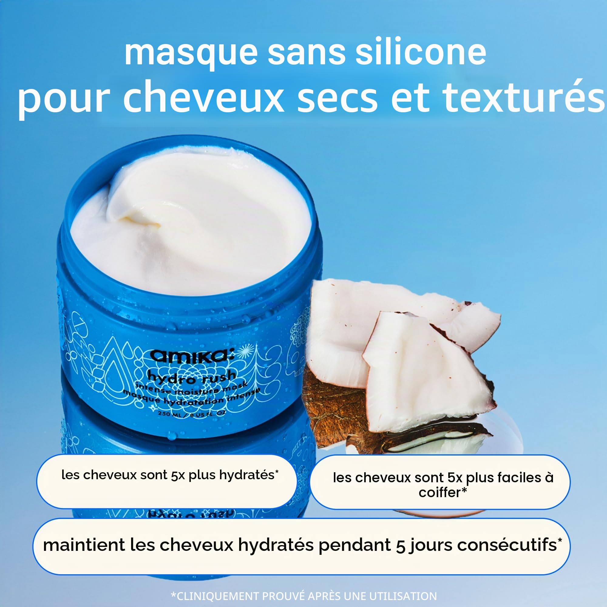 amika Masque capillaire hydro rush intense - Soin capillaire hydratant pour mèches sèches + texturées - Après-shampoing profond enrichi en acide hyaluronique + squalane - Hydratation longue durée (500