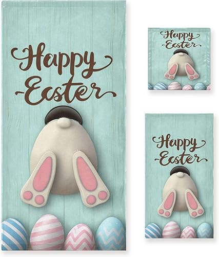 Qilmy Juego de toallas de baño de conejo de Pascua de 3 piezas, toalla de mano y toallita absorbente súper suave para hotel, baño, gimnasio, spa y