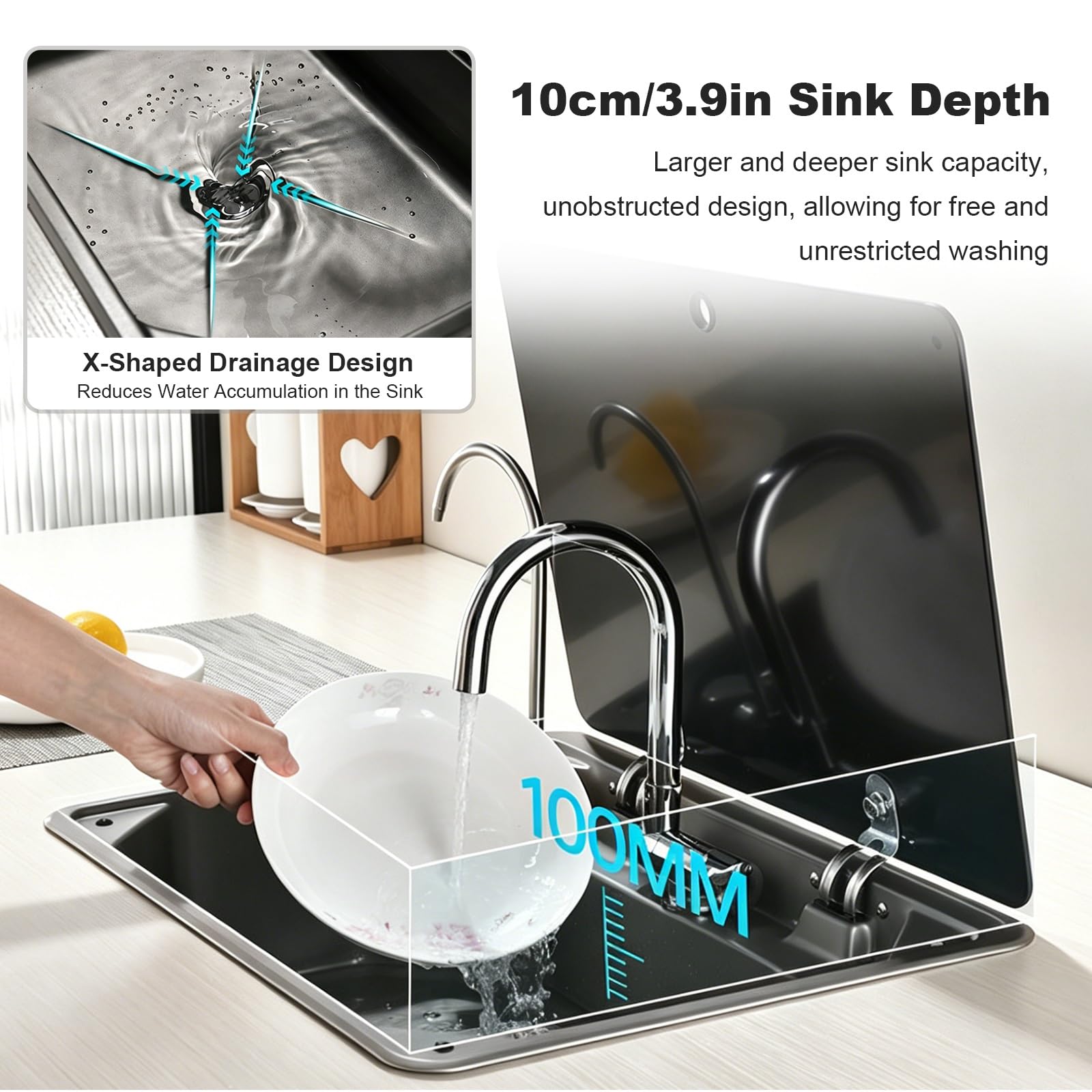 Fregadero de Cocina para Autocaravana con Tapa, Fregadero de Acero Inoxidable 304 para Montaje Bajo Encimera con 2 Grifos Plegables para Barco, Yate, Remolque, Cocina Pequeña