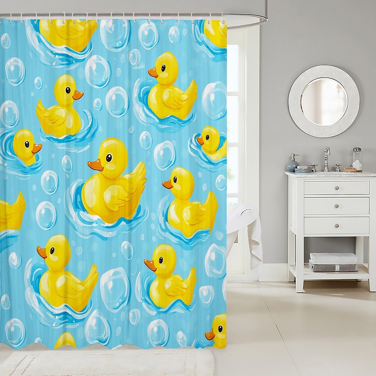 Manfei Cartoon Duck Kids Shower Curtains,Lovely Farmhouse Animal Bathroom Curtain,Kawaii Bubble Cute Home Decor,Blue Yellow Waterproof Curtains,12 Hooks Suits,72" W x 78" L