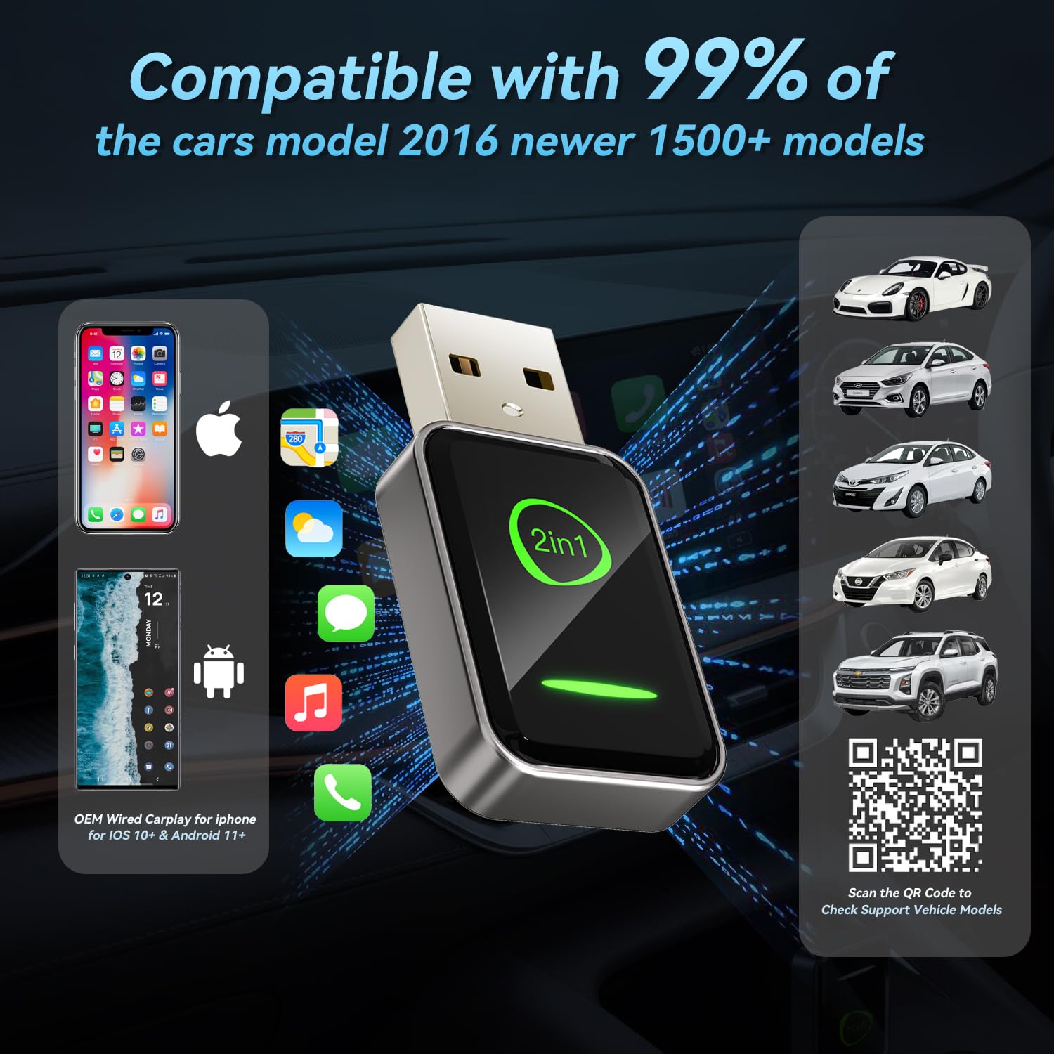 Bezprzewodowy adapter CarPlay z 2025 r., mini konstrukcja USB do samochodów z wbudowanym przewodowym Apple CarPlay, 2 w 1, Plug and Play, łatwe w użyciu, szybkie stabilne połączenie, gra samochodowa