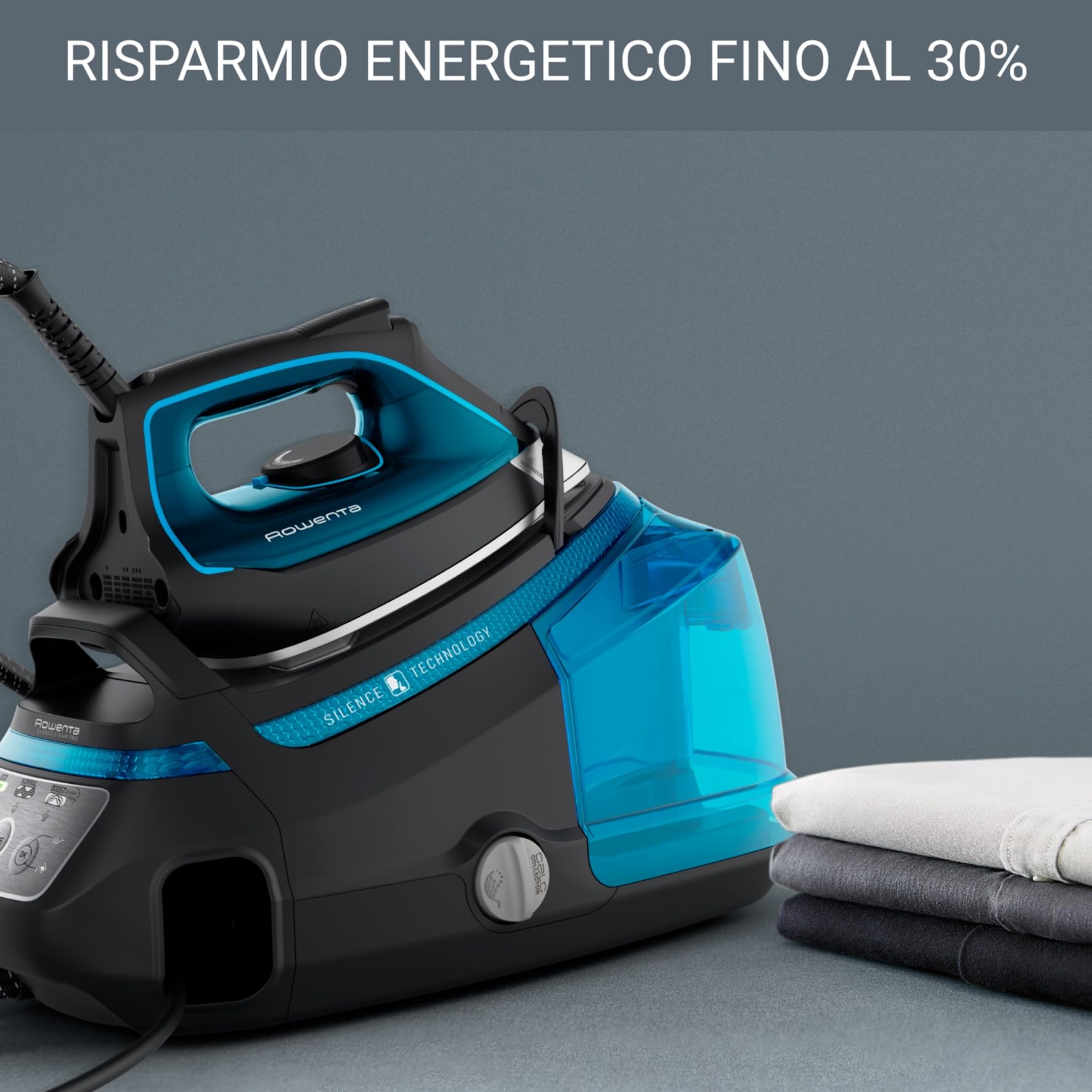Rowenta Silence Steam Pro DG9222, Ferro da Stiro con Caldaia Silenziosa, 2800W, 1.3 L, Ferro da Stiro a Vapore 7.5 bar, 480 g/min, Colore Nero/Blu