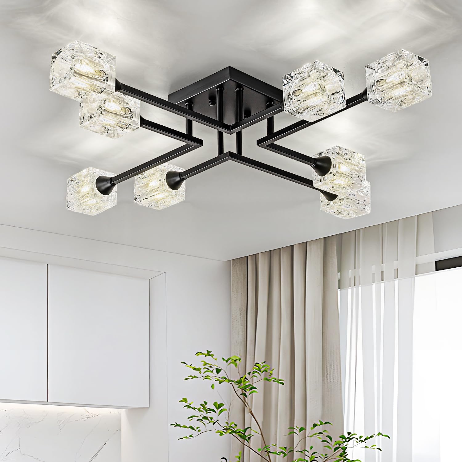 SineRise Semi-Flush Mount Ceiling Light Fixture (8-Light, 32-Inch, Black), Modern Crystal Chandelier Lighting Fixtures for Dining Room Living Room Kitchen Bedroom Entryway