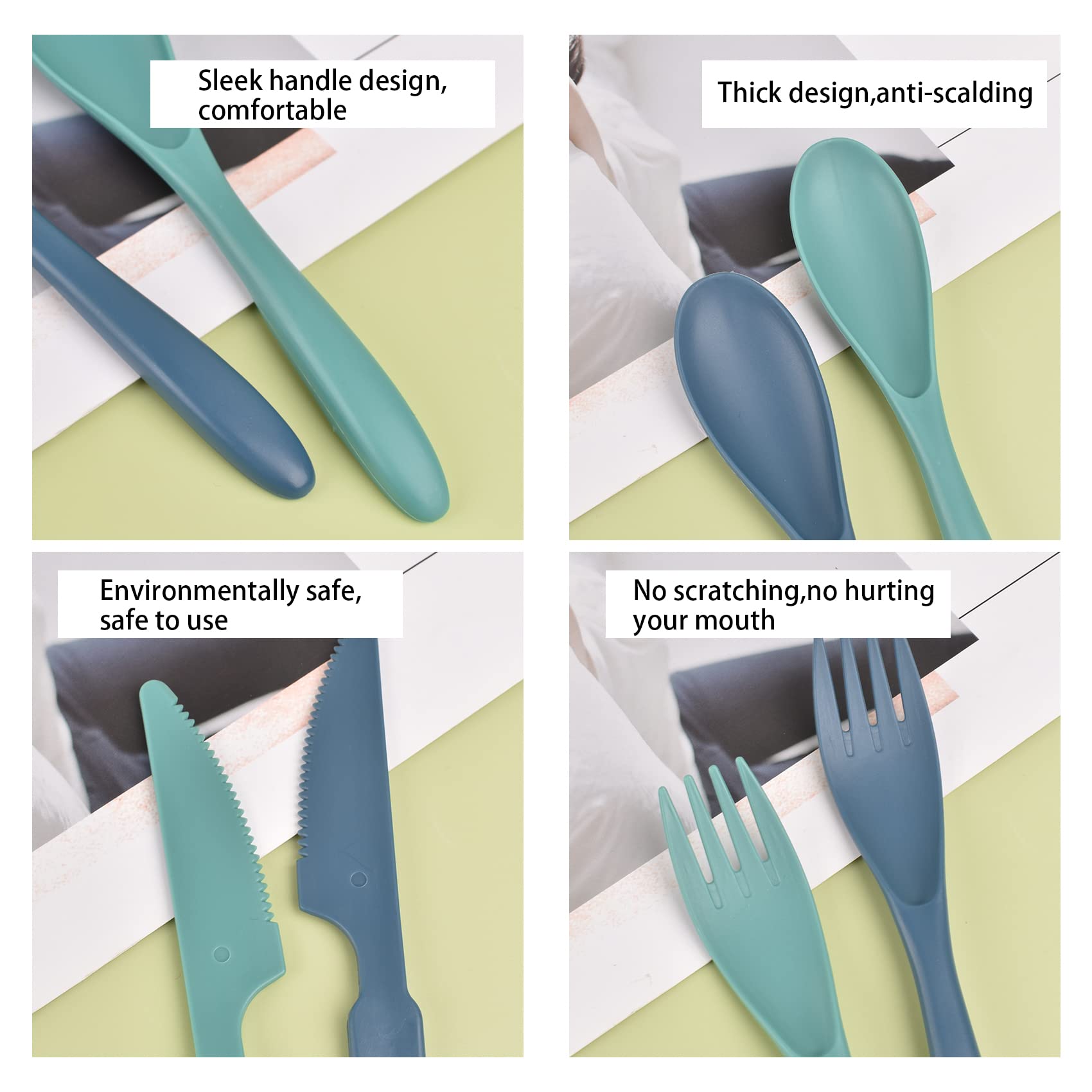 KQDRAVINE Set di 4 posate in plastica, riutilizzabili da viaggio con custodia, posate da campeggio con cucchiaio, forchetta, utensili portatili per il pranzo, posate in plastica per viaggi, picnic