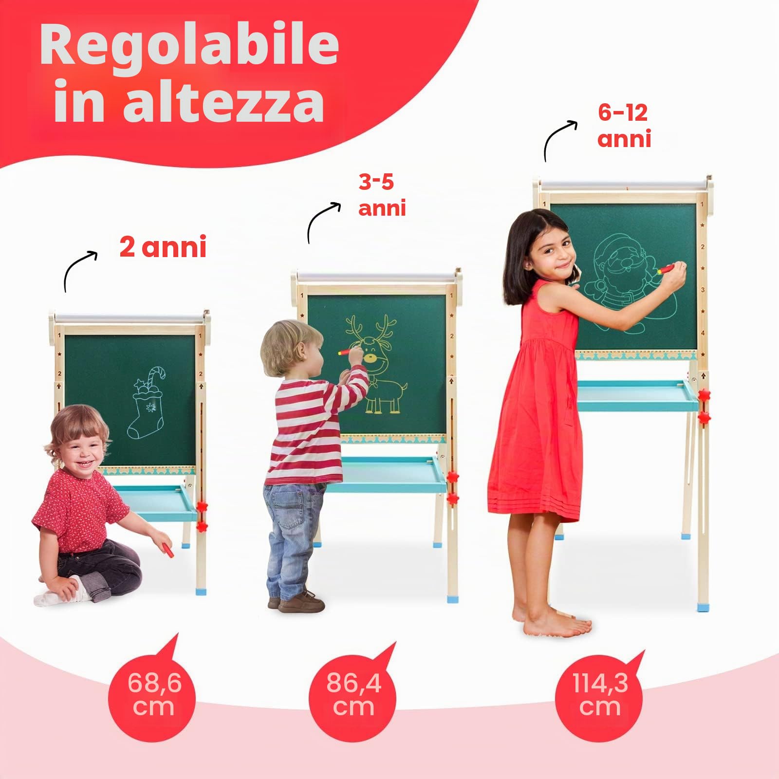 Lavagna per Bambini a Doppia Faccia con Cavalletto Regolabili in Altezza,Rullo di Carta,Lavagna Bianca,Adesivi dei Cartoni Animati e Altri Accessori,Giocattoli Educativi 3+ Anni