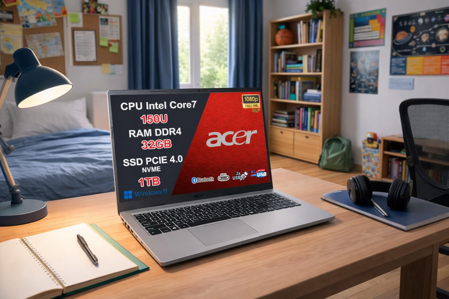 Acer Aspire Go 15 PC Portatile Notebook, CPU Intel Core 7 150U di nuova generazione fino a 5,4 GHz, RAM 32GB, SSD 1TB, Wi-Fi 6, Display 15,6" Full HD Antiriflesso, USB Type-C, Windows 11, Silver - 3