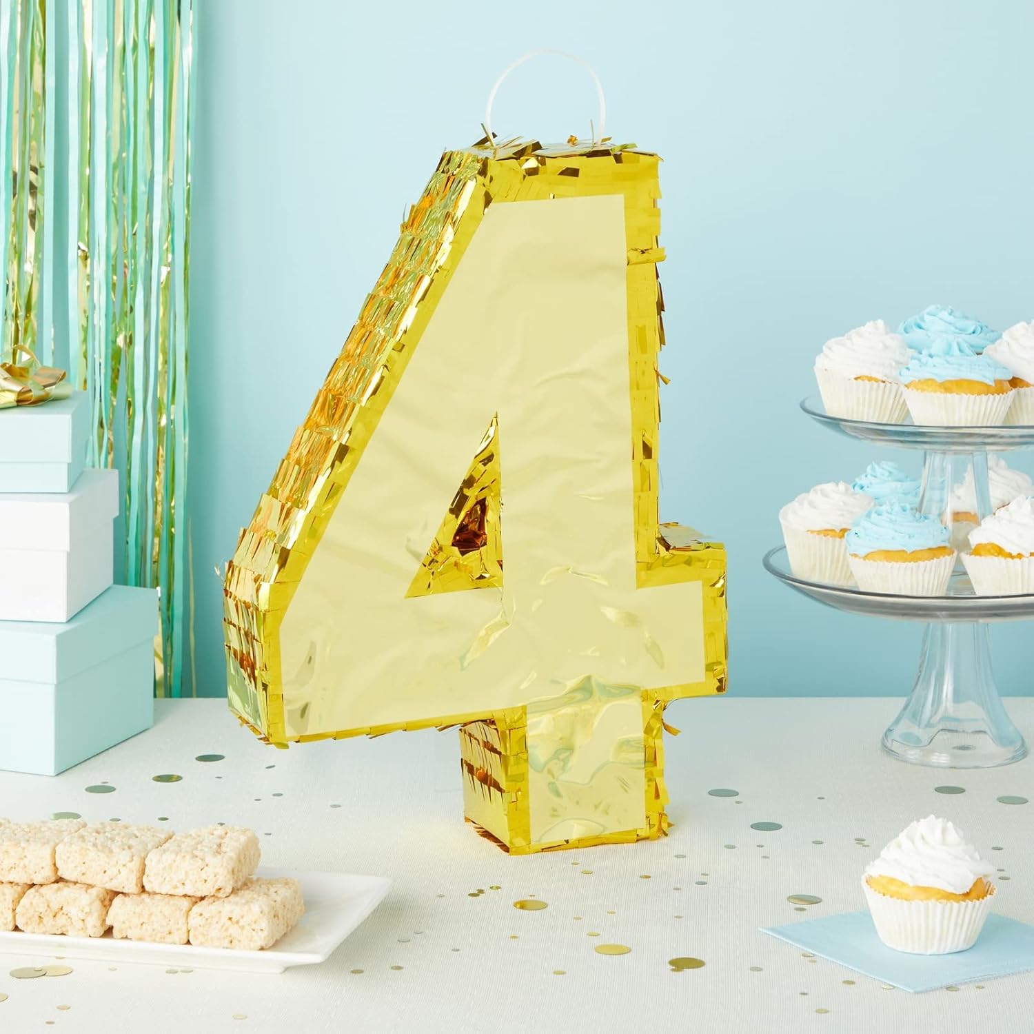 juvale gold foil number 4 pinata - shimmering gold finish & pinatas for birthday party - easy pull-string setup & 4th birthday decorations girl - 15.5 x 11 x 3 in