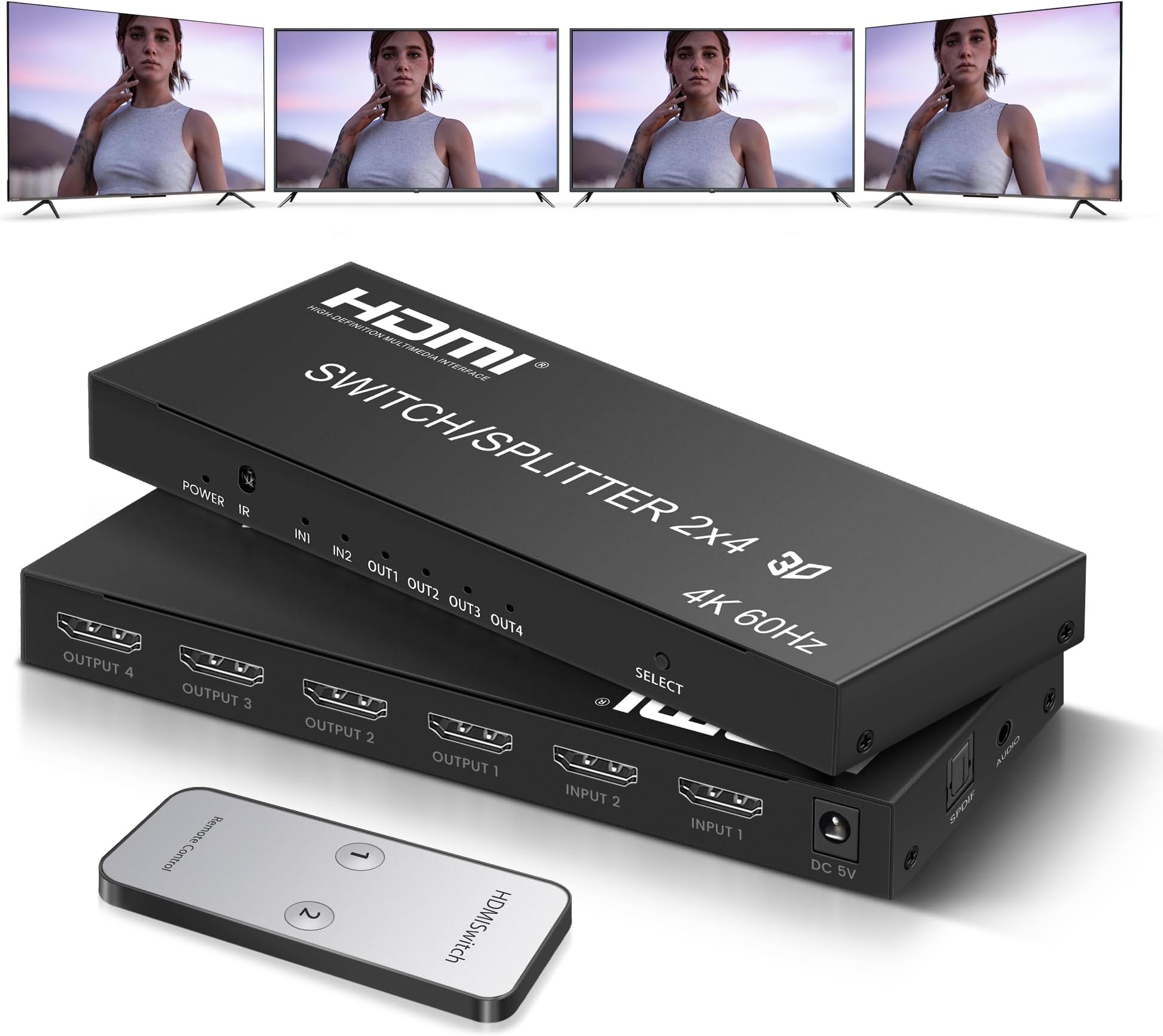 4K@60Hz HDMI Switch Splitter 2 in 4 Out with Remote, avedio Links 2x4 HDMI Splitter Switcher 4K with SPDIF & 3.5mm Audio,Support 4K,3D,1080p,HDCP2.2,HDR 10 for PS5/4,Xbox,Fire Stick,etc