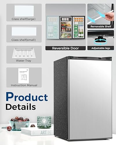 Miniatura 5 de Mini refrigerador con congelador, mini refrigerador de una sola puerta de 3.2 pies cúbicos con termostato ajustable, bajo ruido, ahorro de energía,