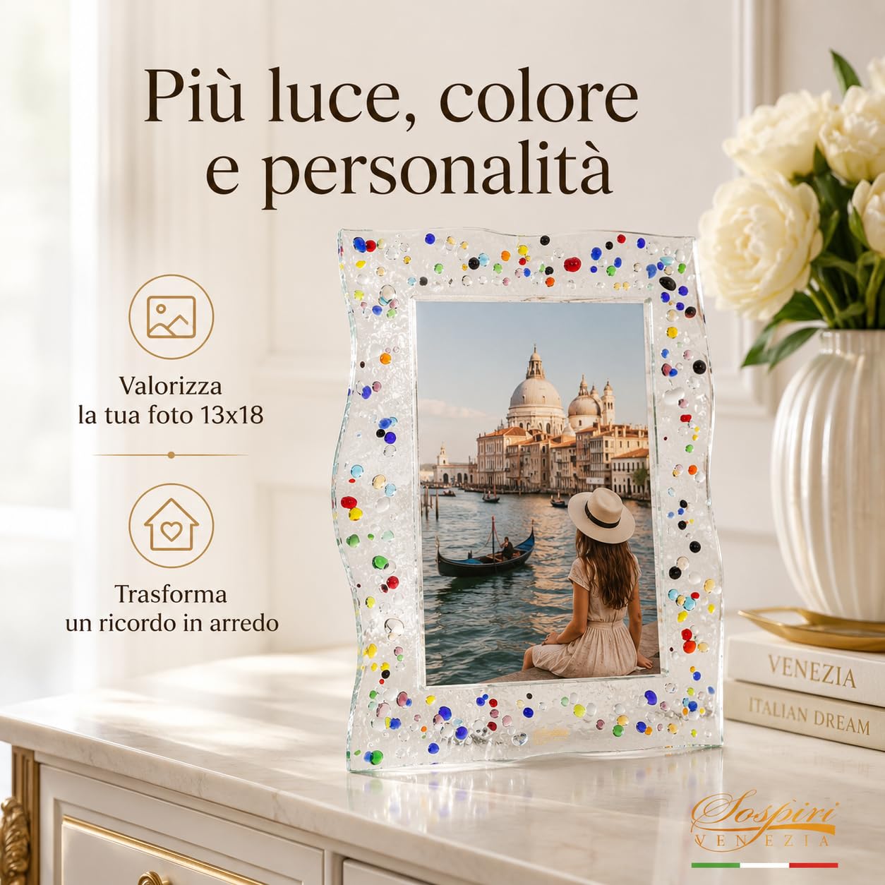 Sospiri Venezia Portafoto Vetro Murano Cornice con Supporto da Scrivania o Tavolo Foto 13x18 cm Decorato a Mano Soprammobile Casa Idea Regalo per Cerimonia Bomboniera (19X25 cm)