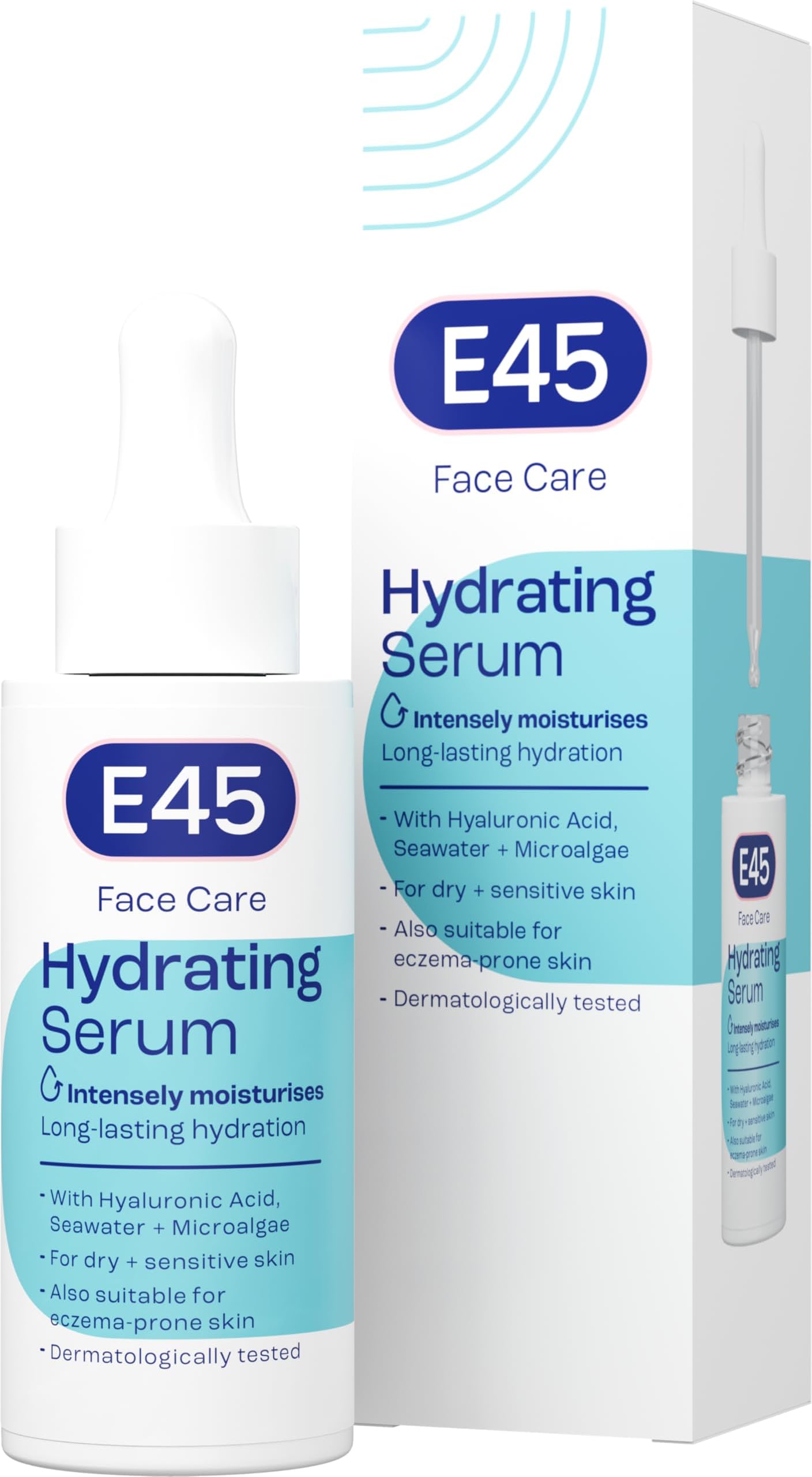 E45 Face Hydrating Serum - Instant 48-Hour Hyaluronic Acid Formula for Dry, Sensitive & Eczema Prone Skin - Rehydrating & Reinvigorating Serum โ Perfume Free - Dermatologically Tested - 30ml